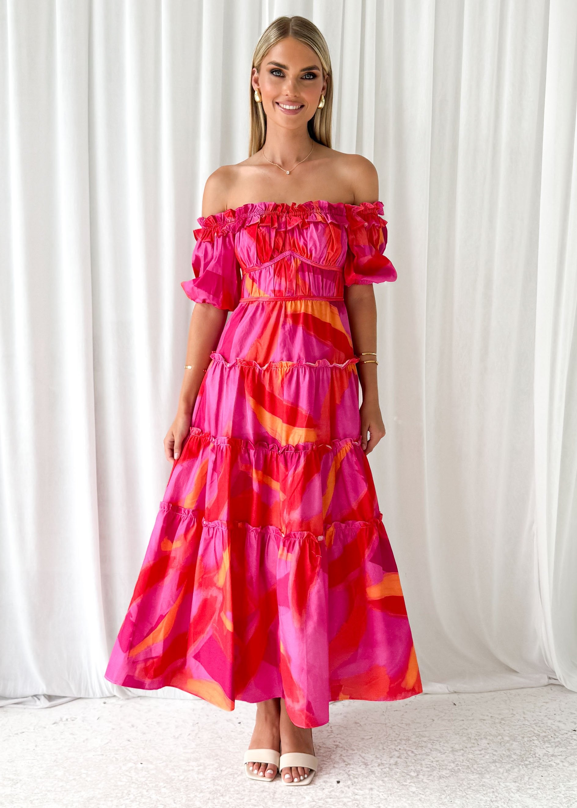Rosalia Off Shoulder Midi Dress - Pink Splash