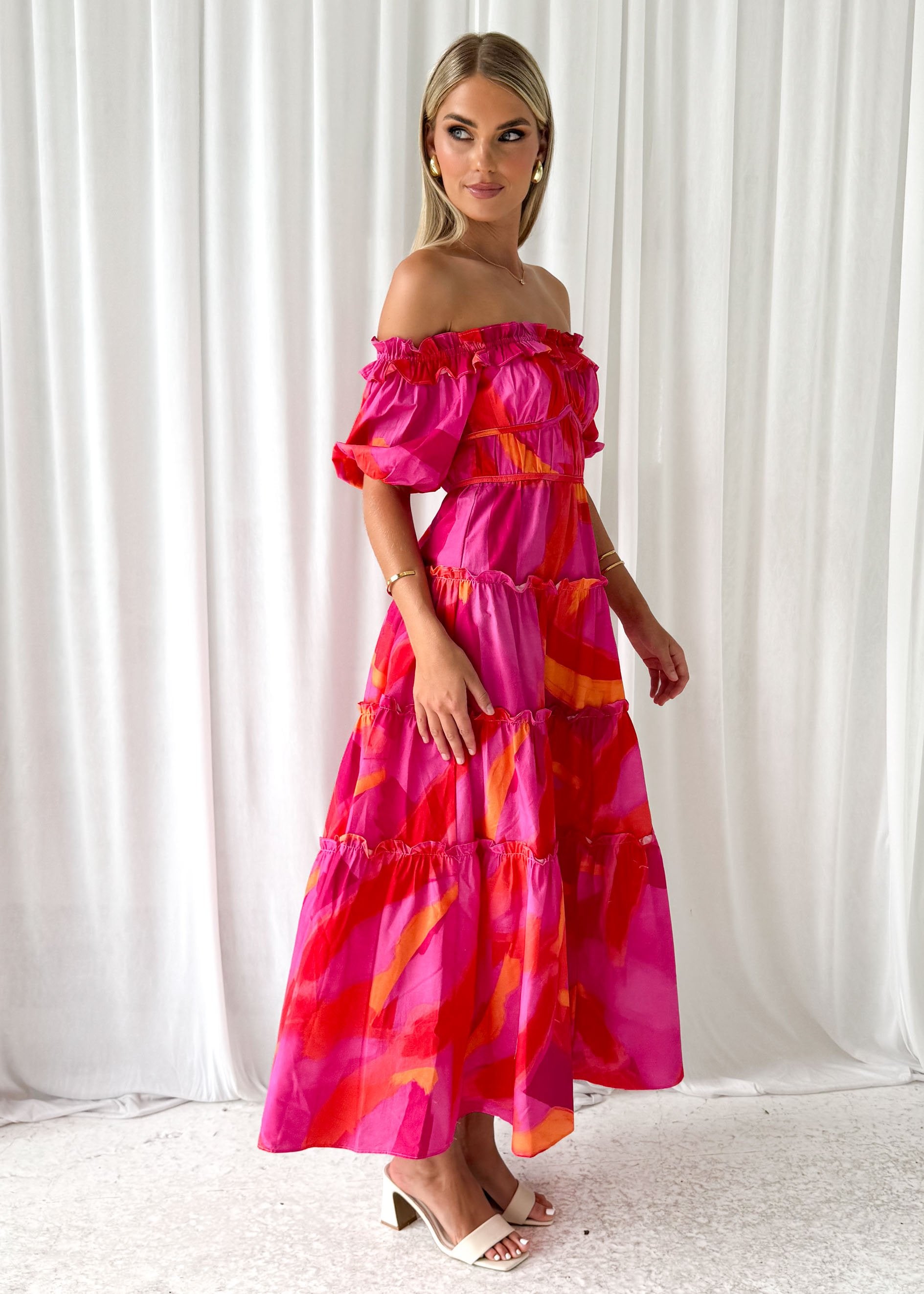 Rosalia Off Shoulder Midi Dress - Pink Splash
