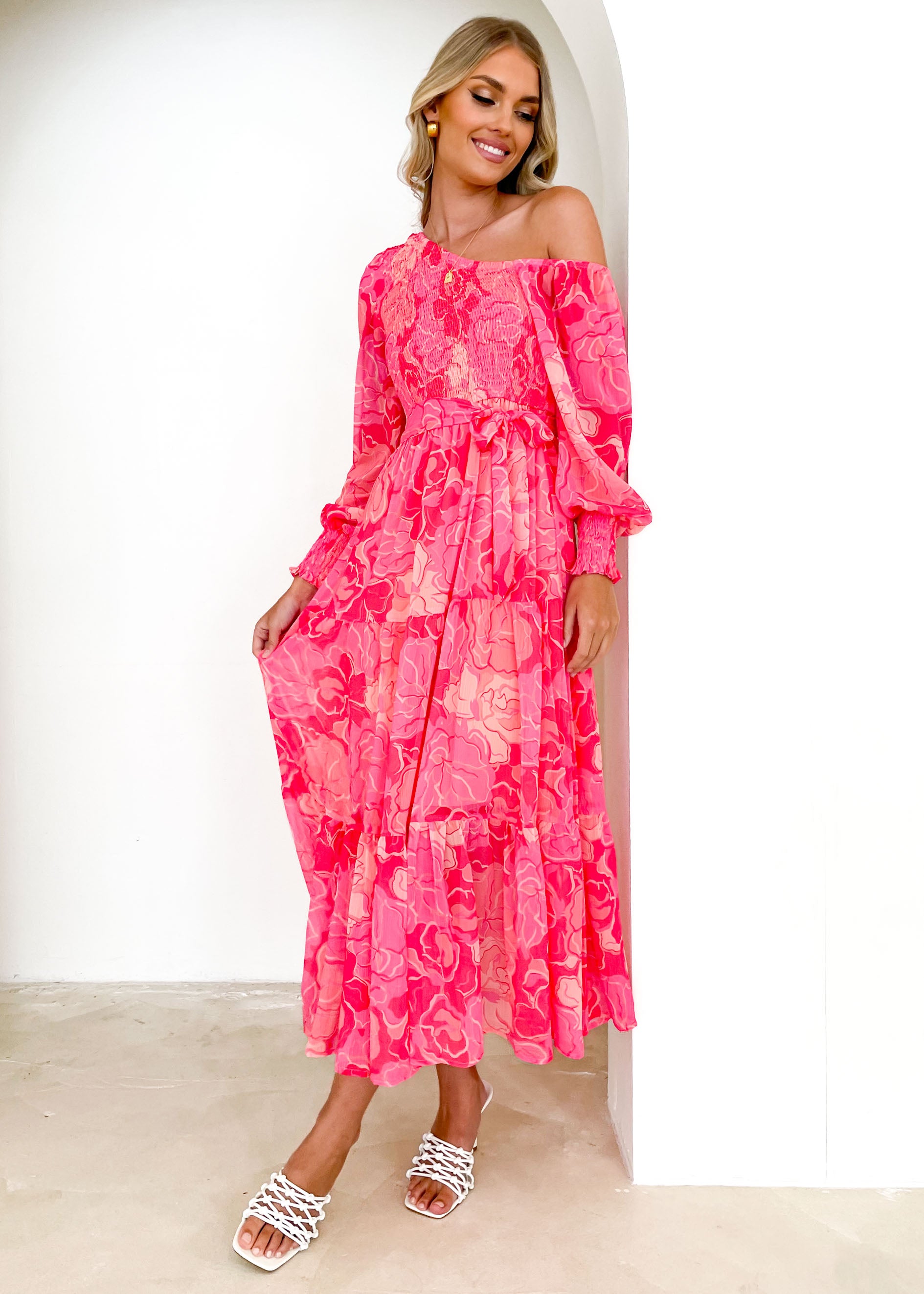 Myera One Shoulder Midi Dress - Pink Hibiscus