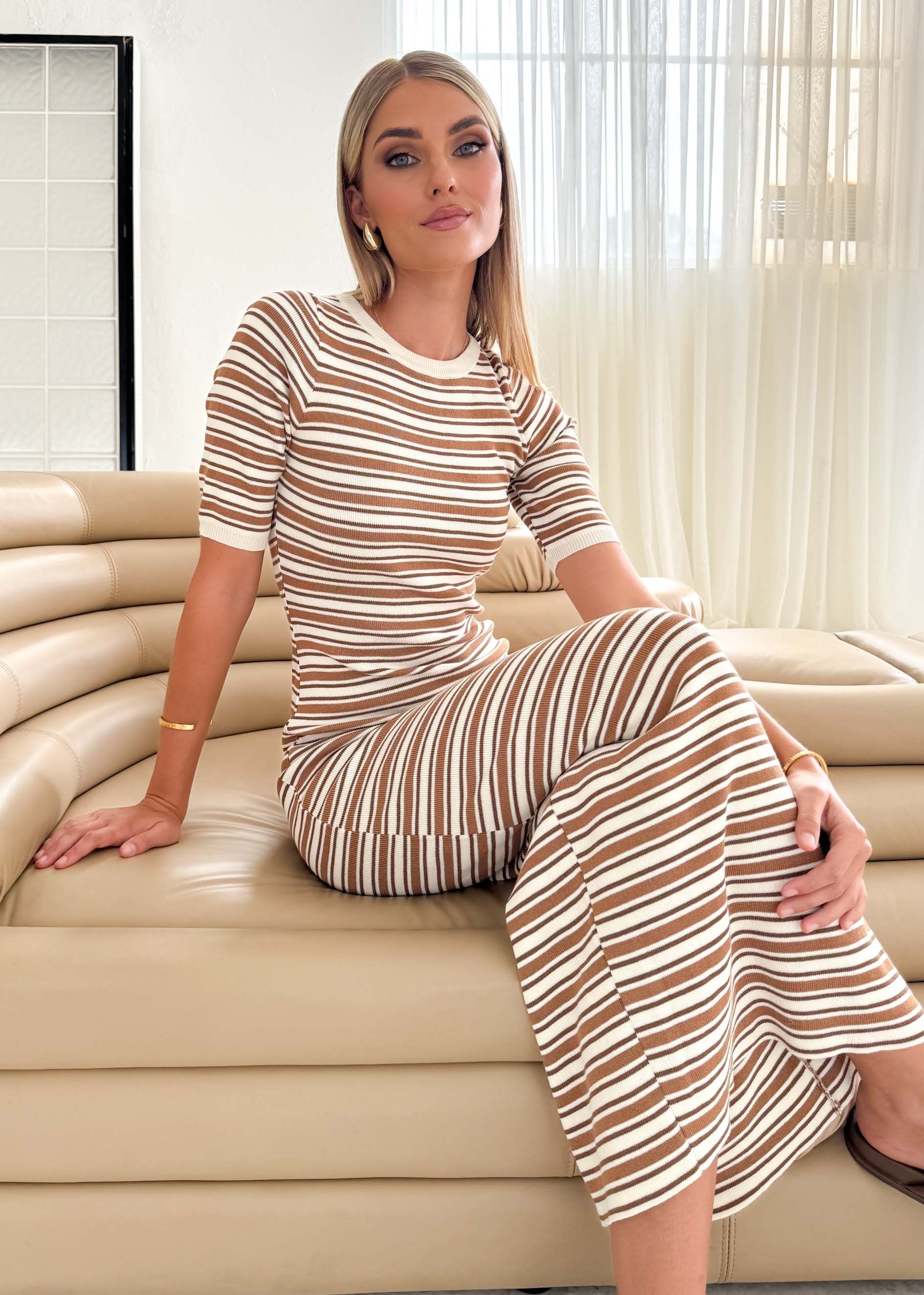Pixie Knit Maxi Dress - Brown Stripe