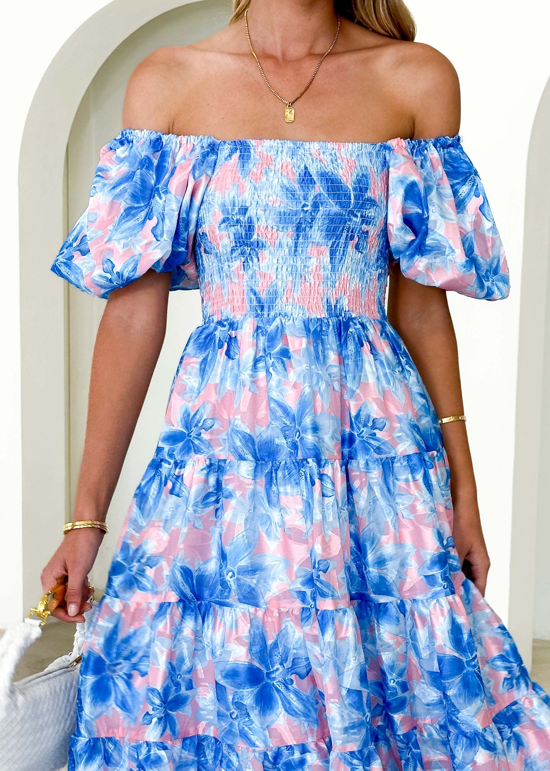 Masdie Off Shoulder Midi Dress - Blue Floral