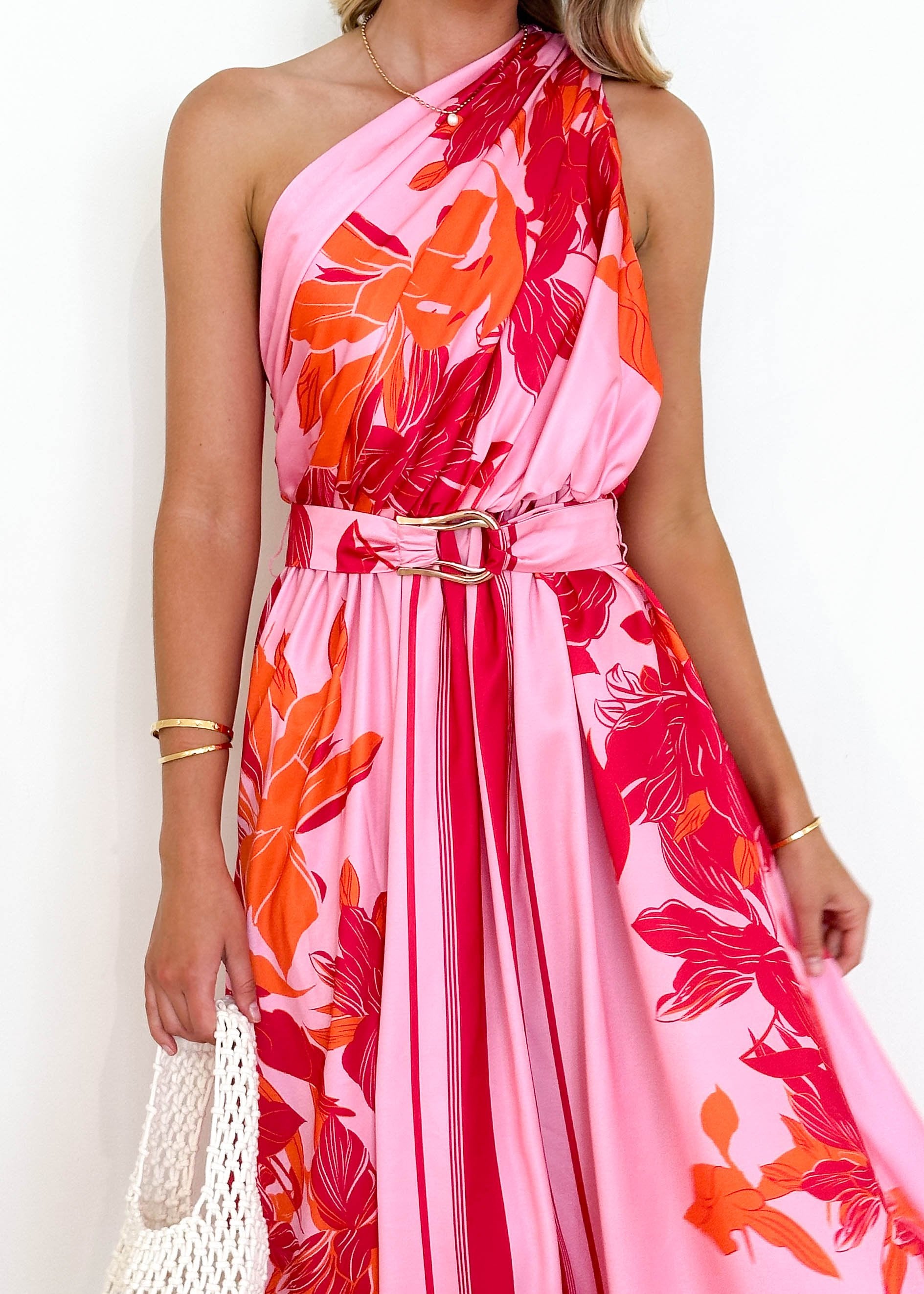 Korah One Shoulder Midi Dress - Pink Flowers