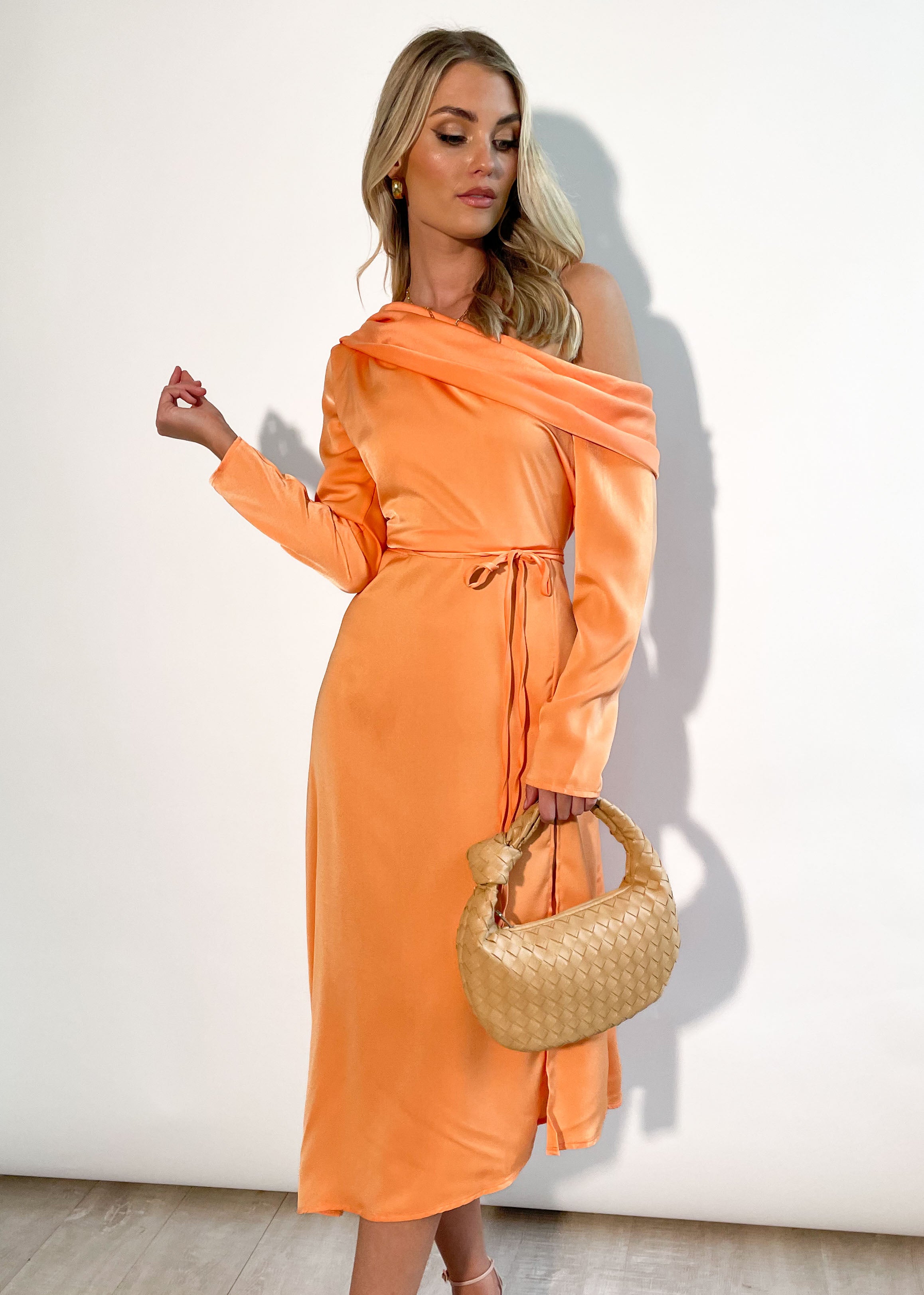Posey One Shoulder Midi Dress - Orange