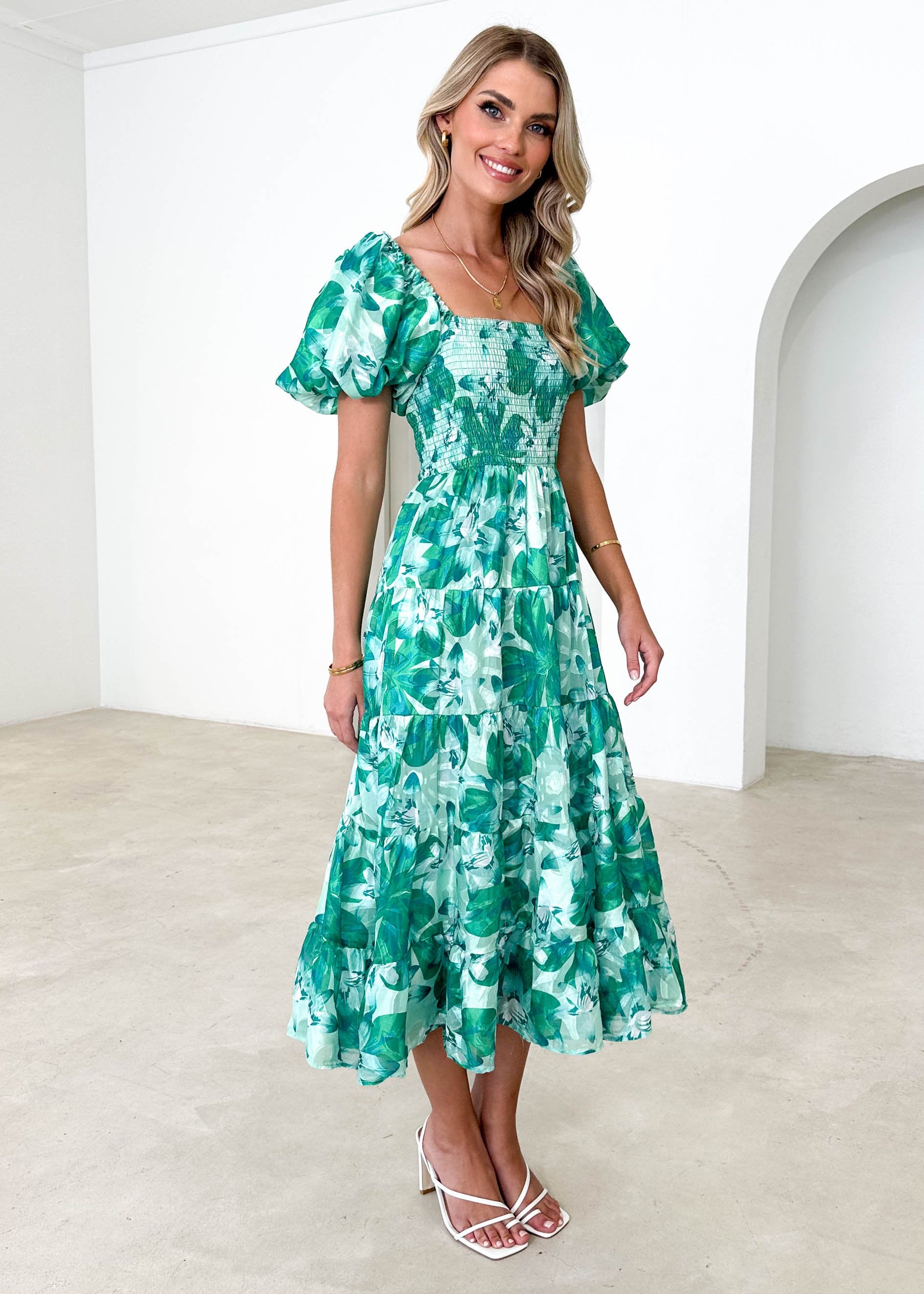 Paisy Off Shoulder Midi Dress - Green Floral