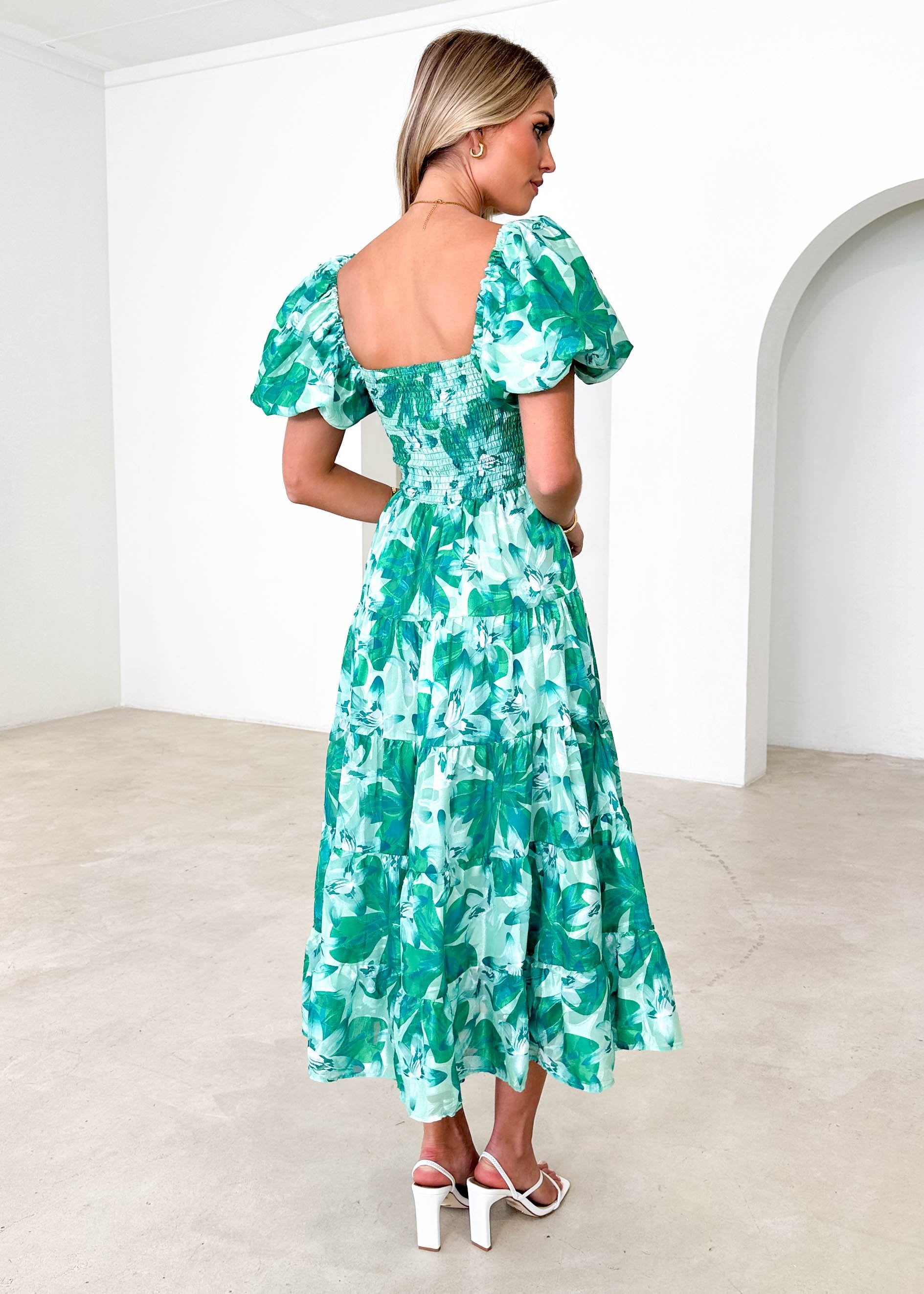 Paisy Off Shoulder Midi Dress - Green Floral