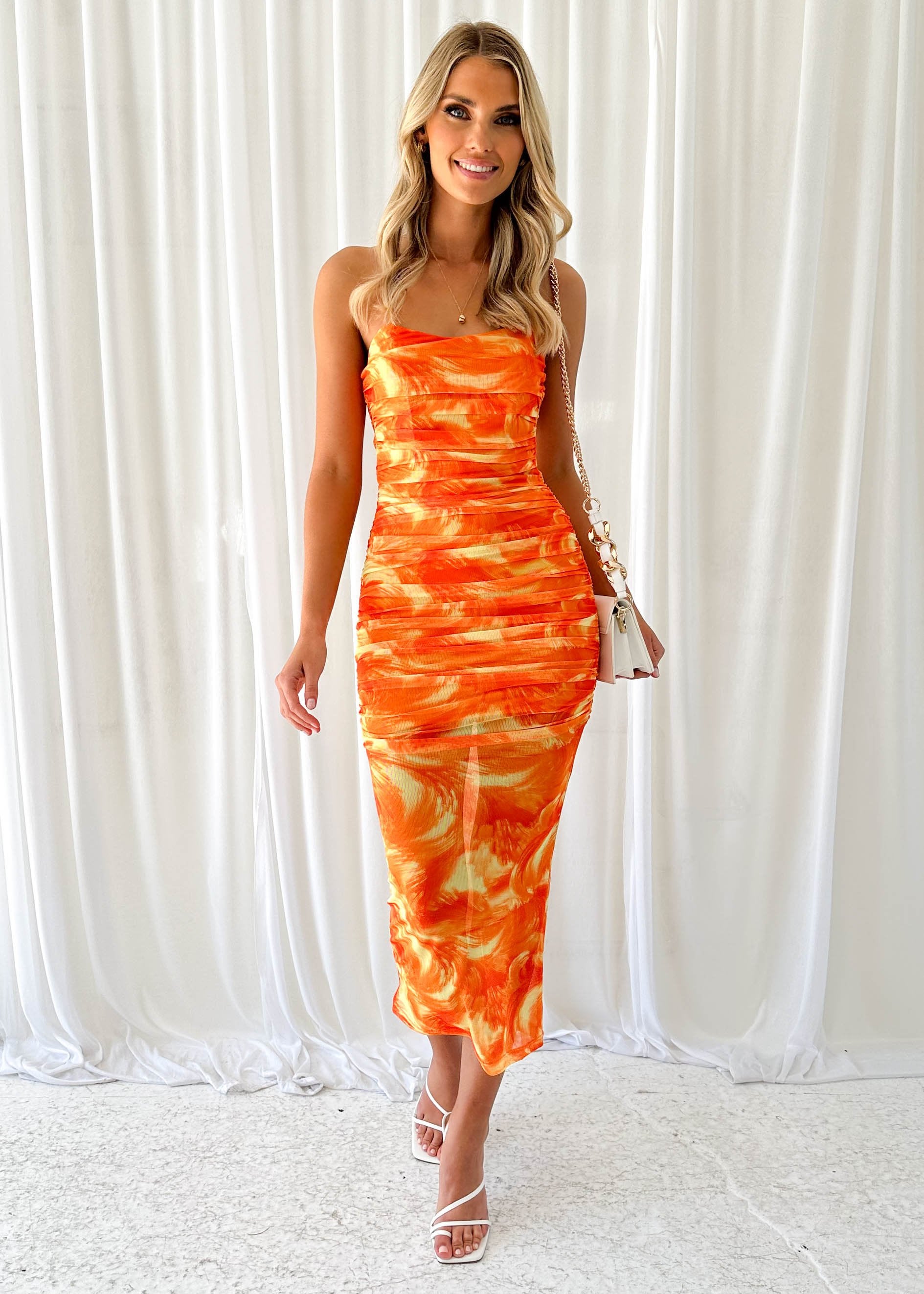 Arla Strapless Midi Dress - Tangerine Splash