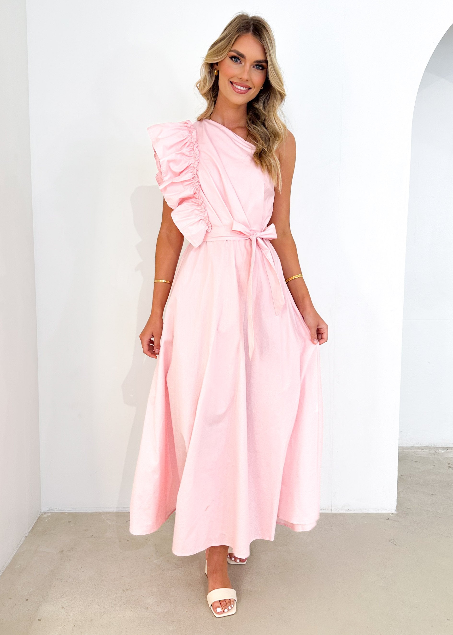 Rowler One Shoulder Midi Dress - Pink