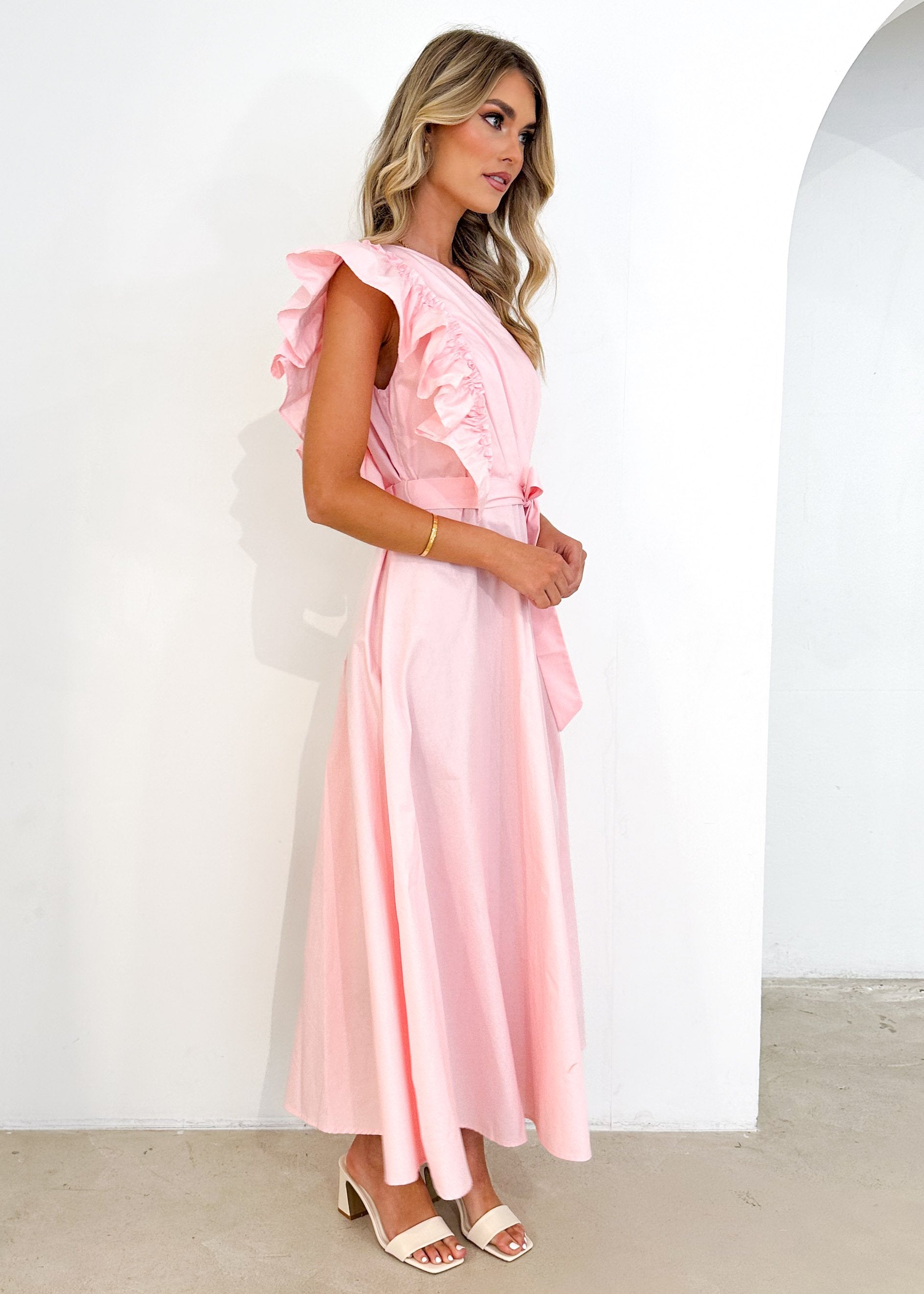 Rowler One Shoulder Midi Dress - Pink