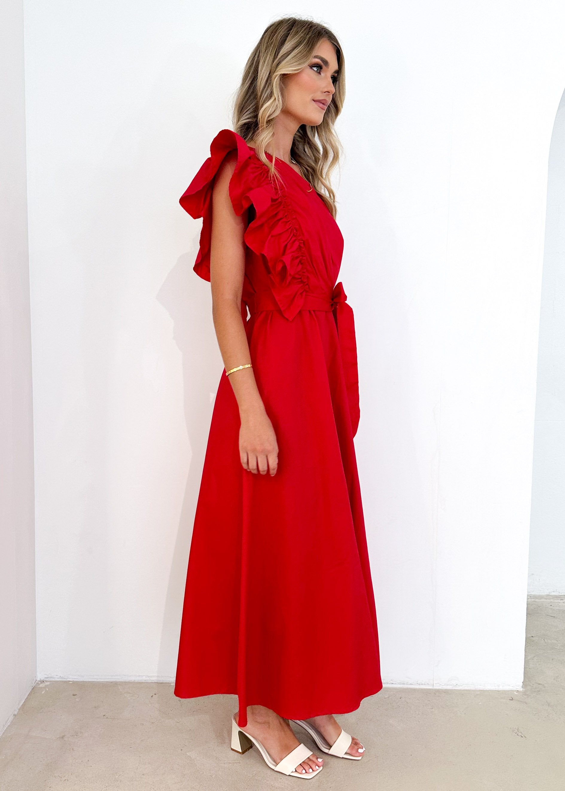 Rowler One Shoulder Midi Dress - Red