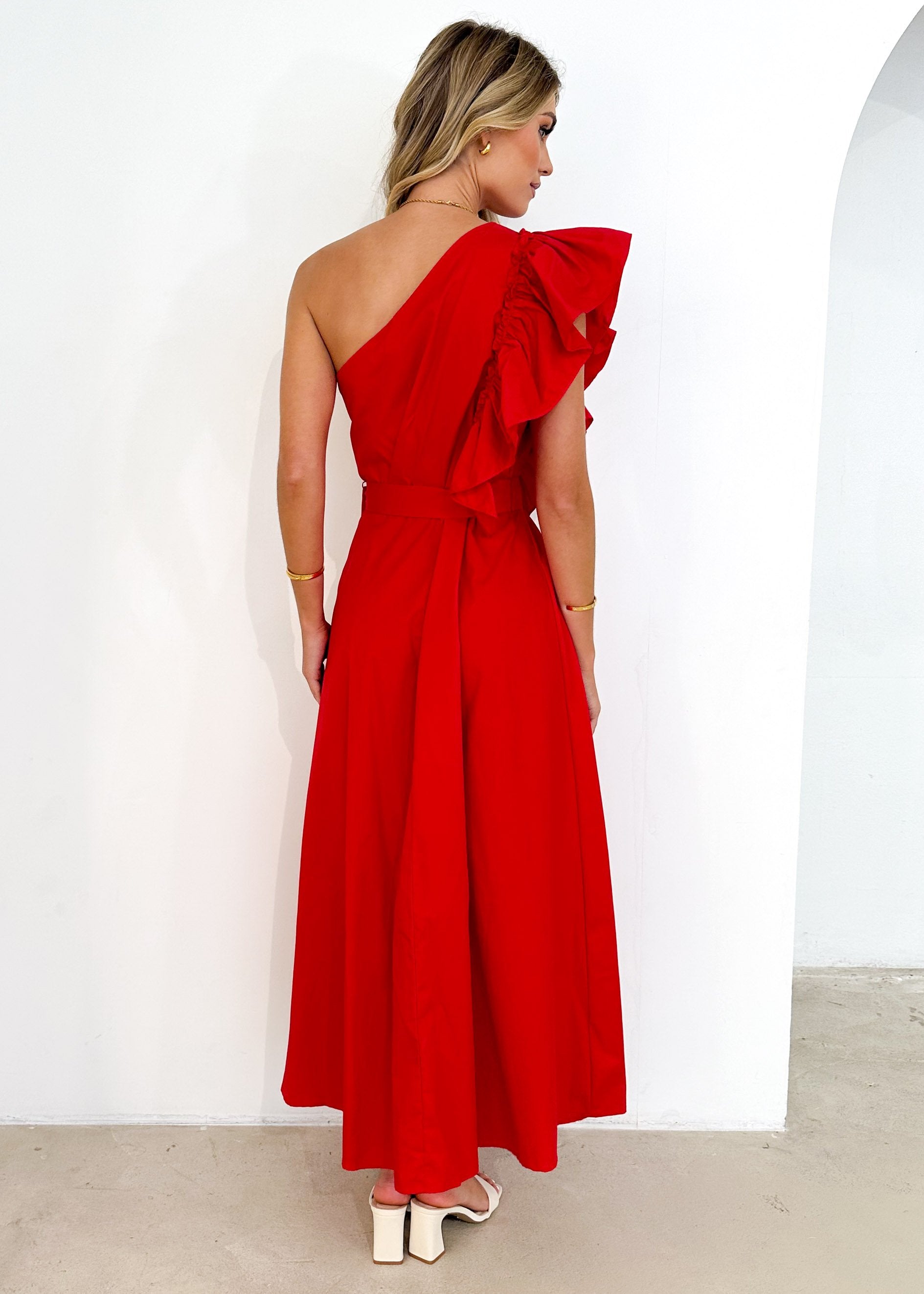 Rowler One Shoulder Midi Dress - Red