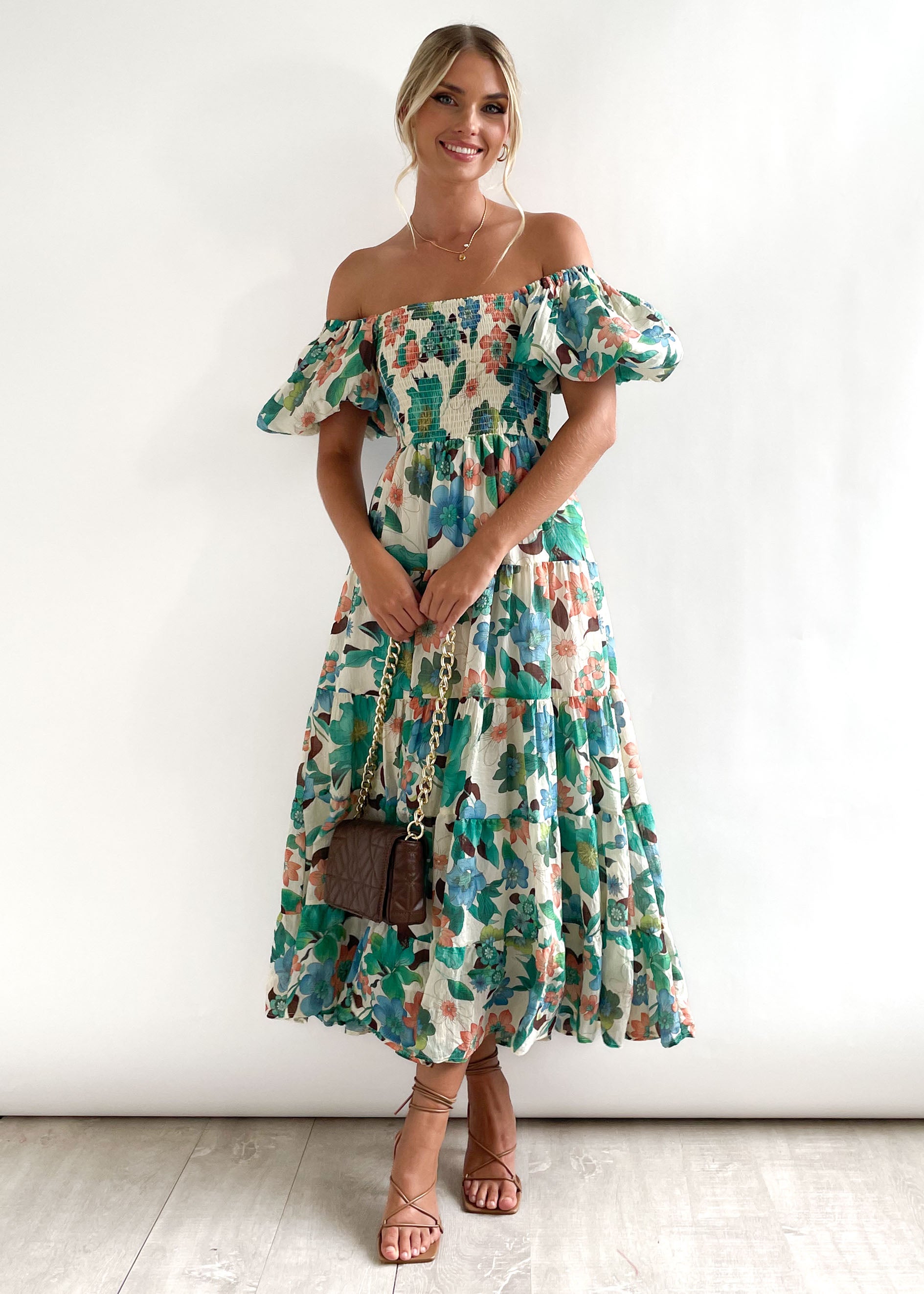 Yamey Off Shoulder Midi Dress - Jade Floral