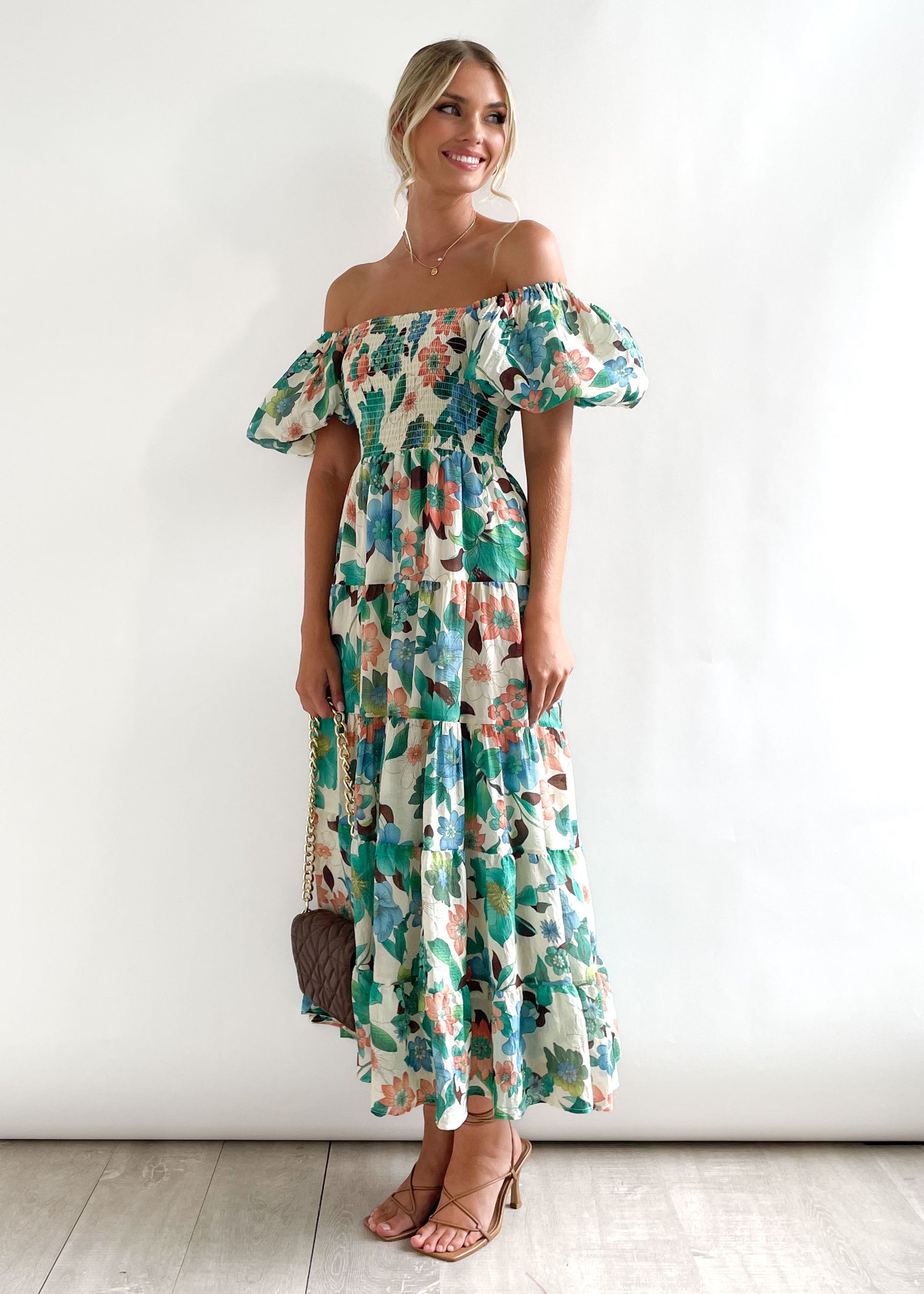 Yamey Off Shoulder Midi Dress - Jade Floral