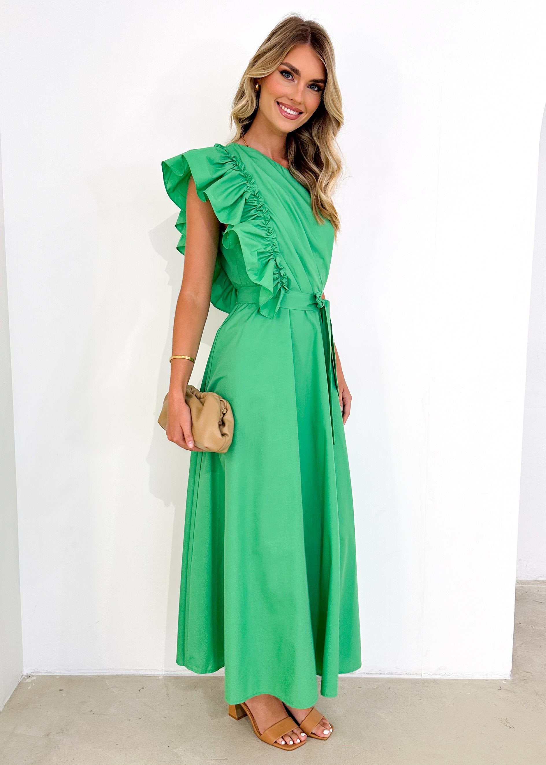 Rowler One Shoulder Midi Dress - Green