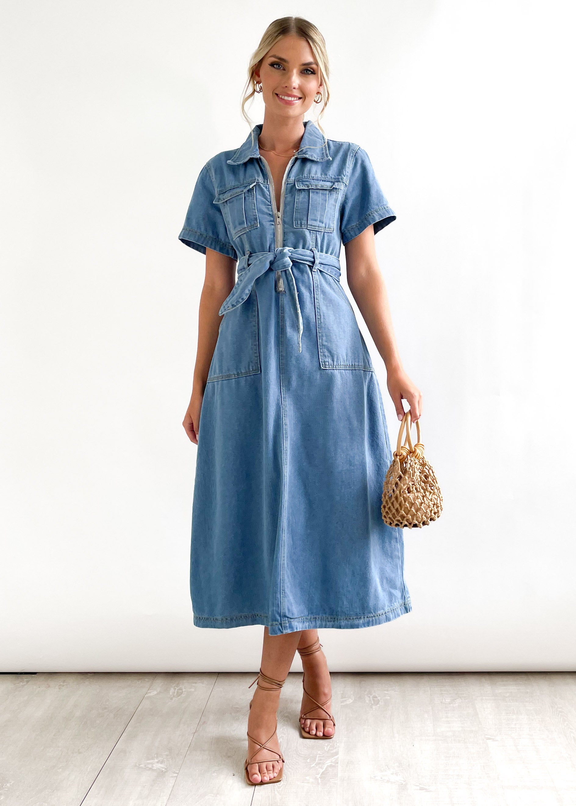 Freya Denim Midi Dress - Blue Denim