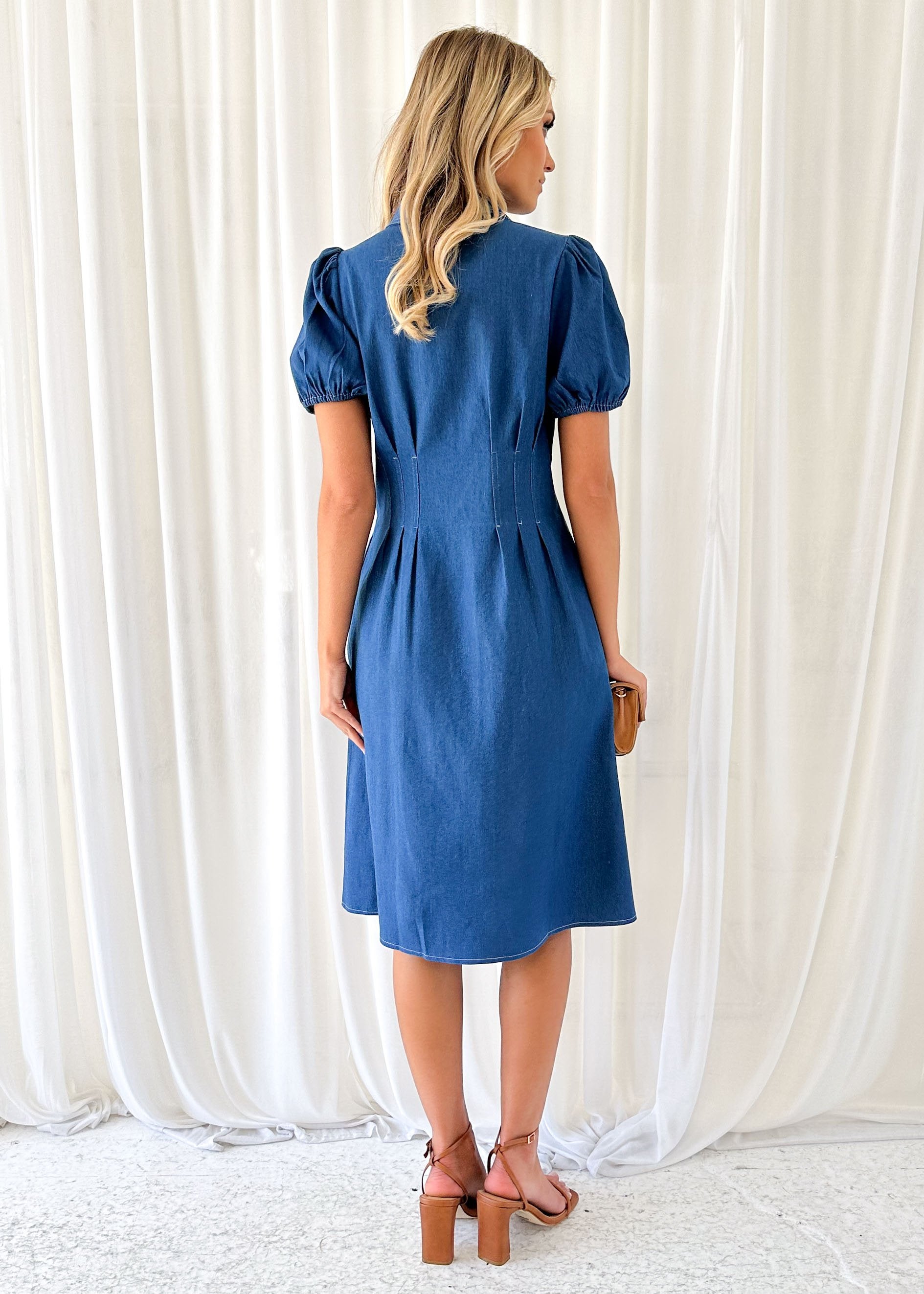 Andria Stretch Denim Midi Dress - Blue Denim