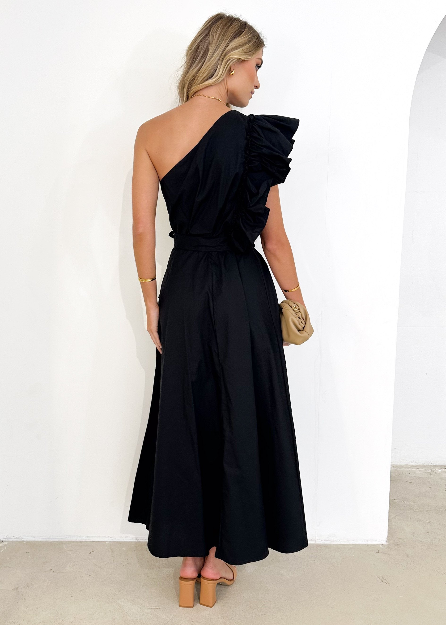 Rowler One Shoulder Midi Dress - Black
