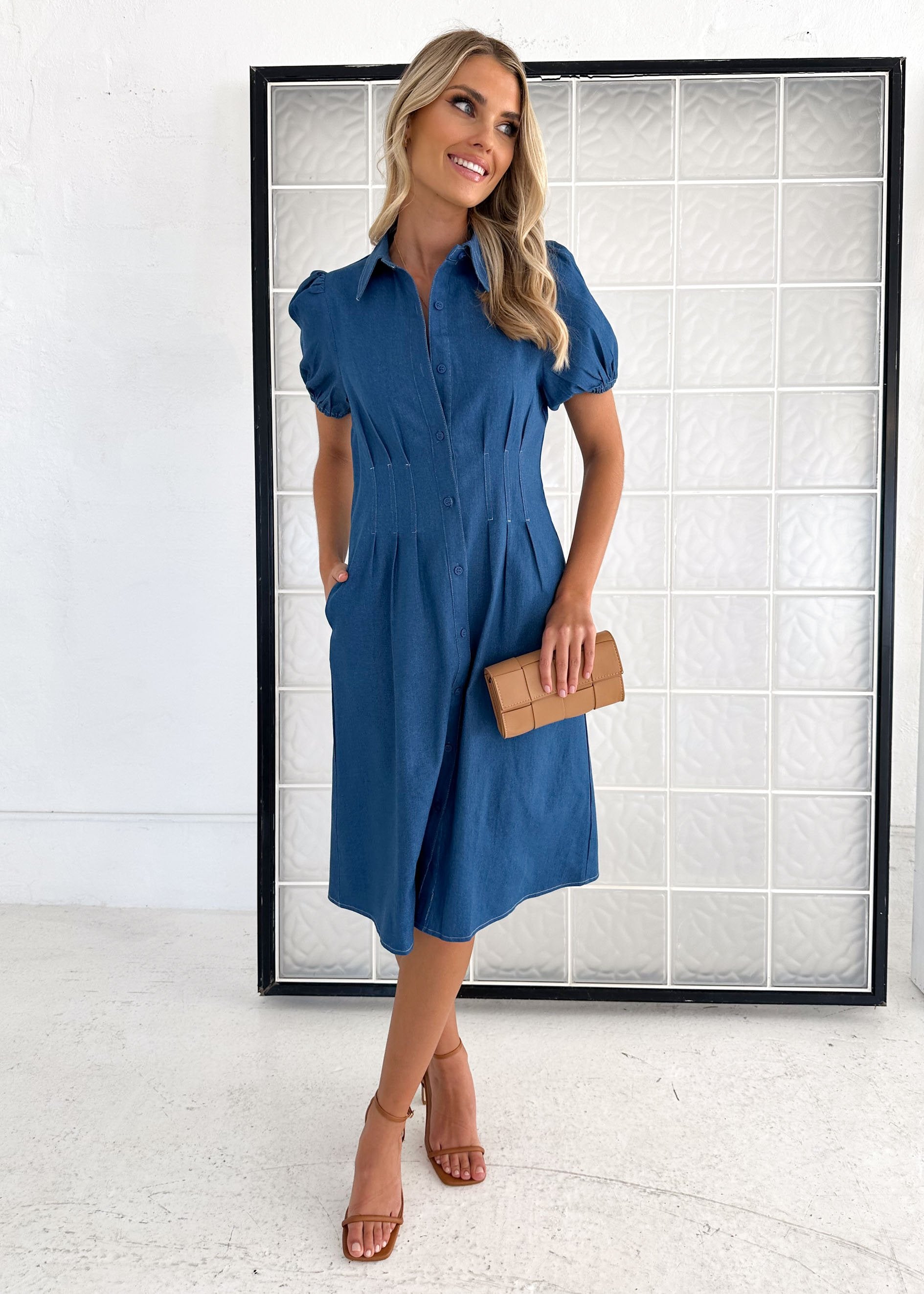 Andria Stretch Denim Midi Dress - Blue Denim