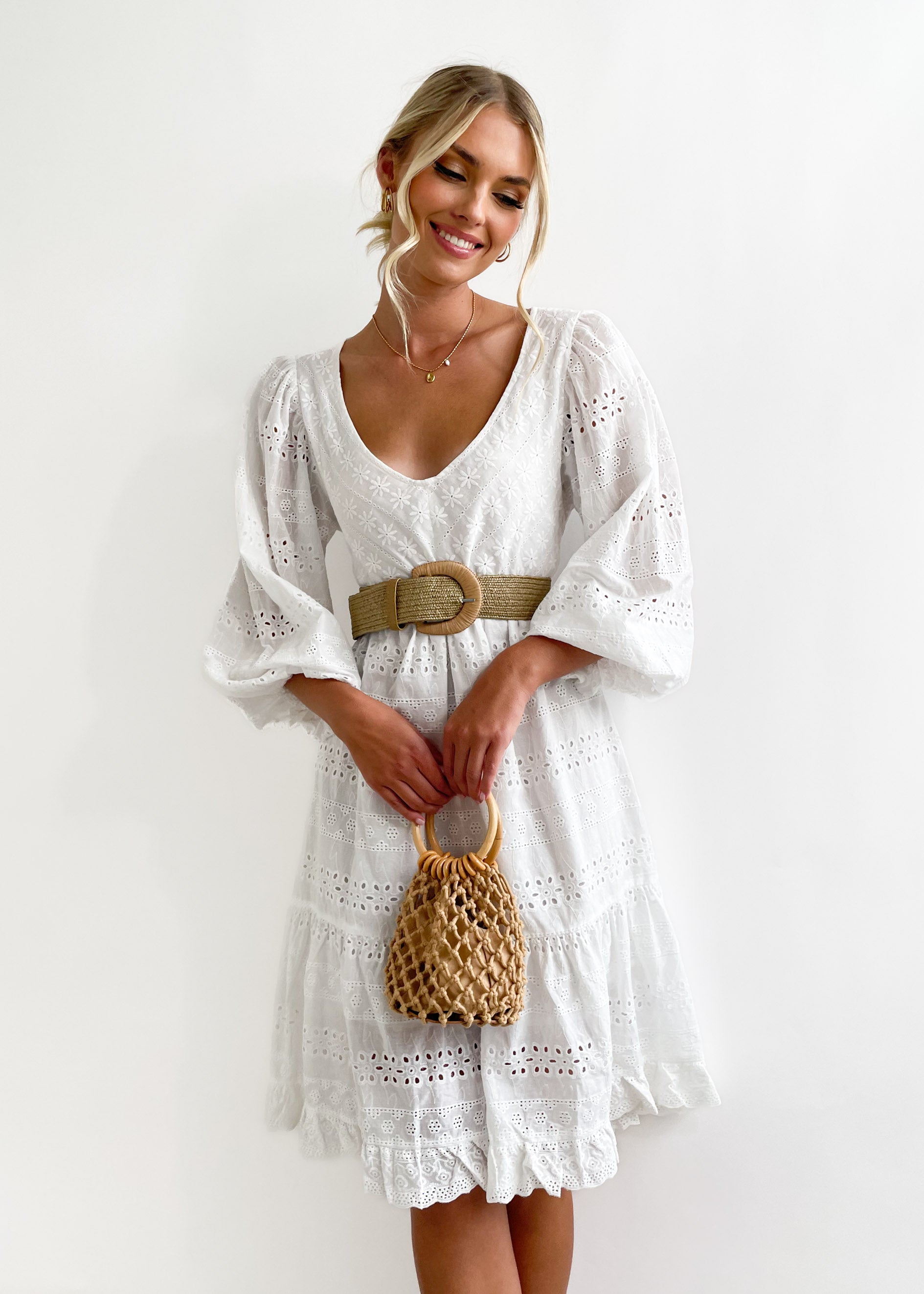 Shaye Midi Dress - White Anglaise