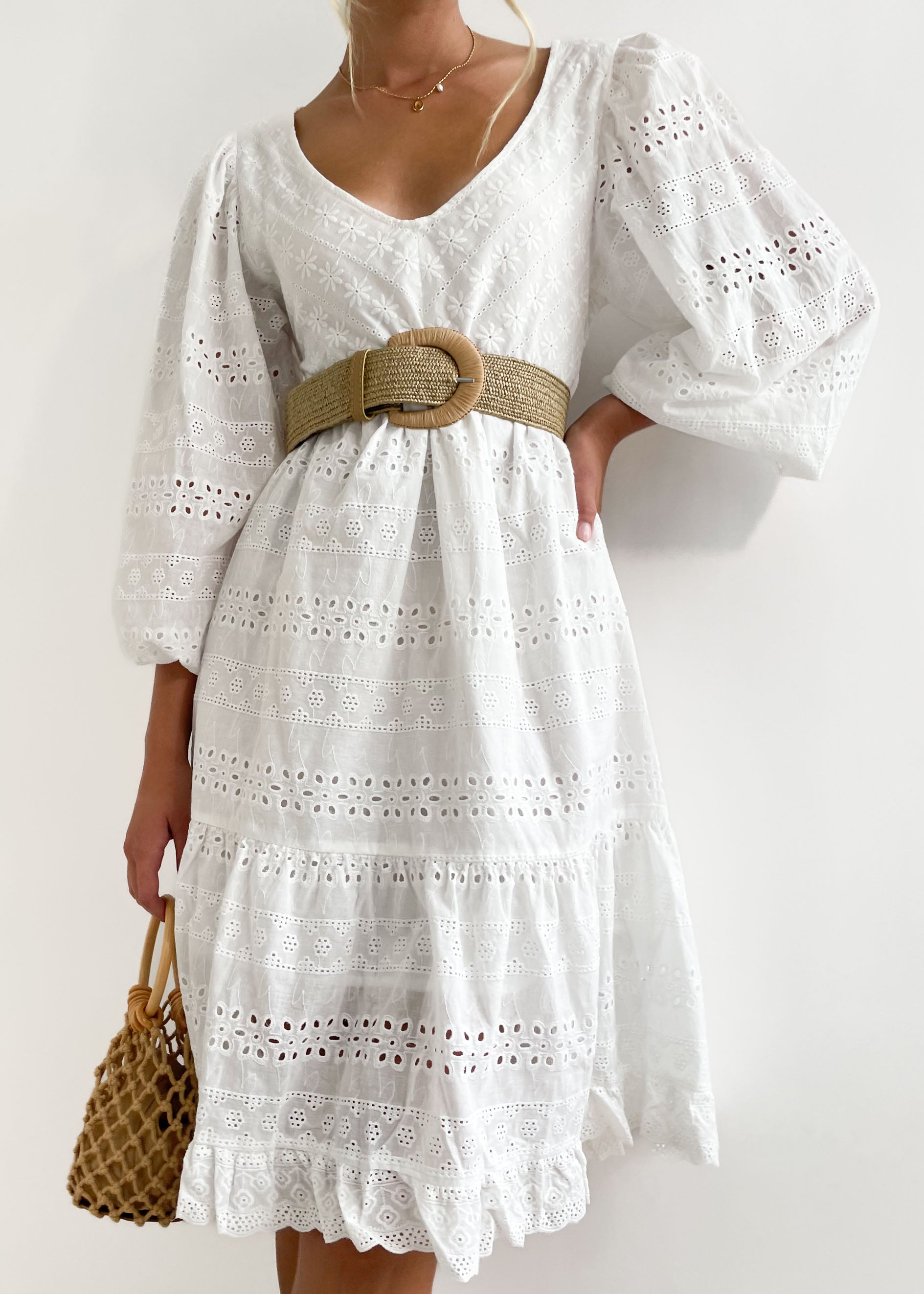 Shaye Midi Dress - White Anglaise