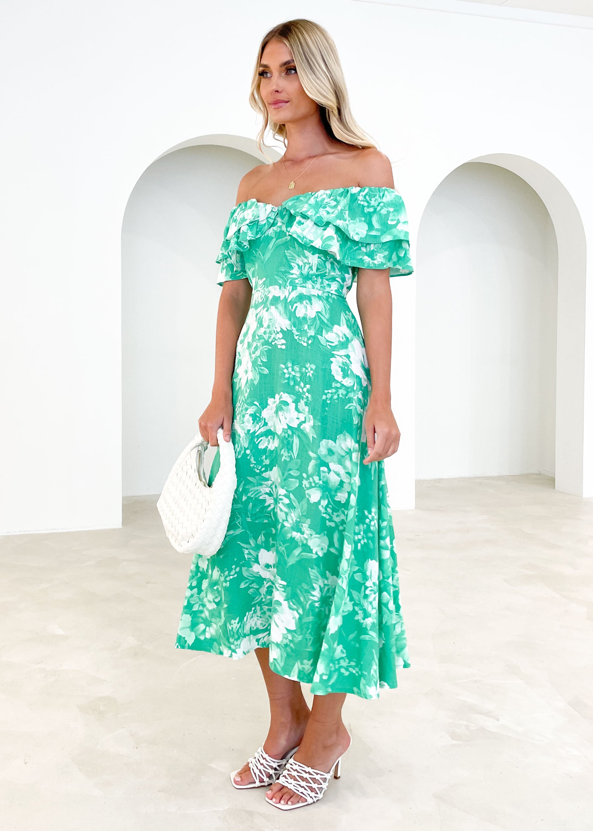 Anissa Off Shoulder Midi Dress - Casablanca Green