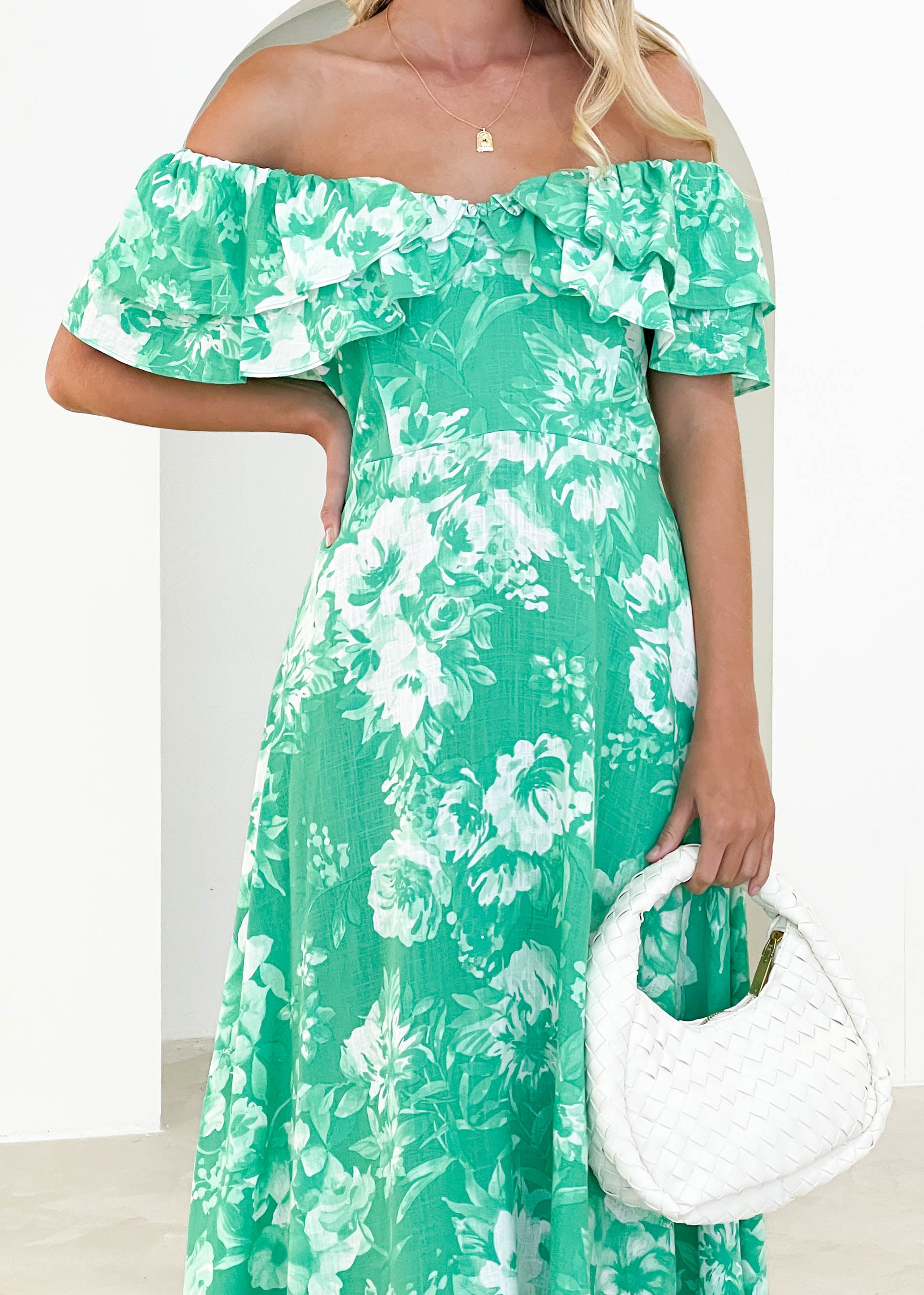 Anissa Off Shoulder Midi Dress - Casablanca Green