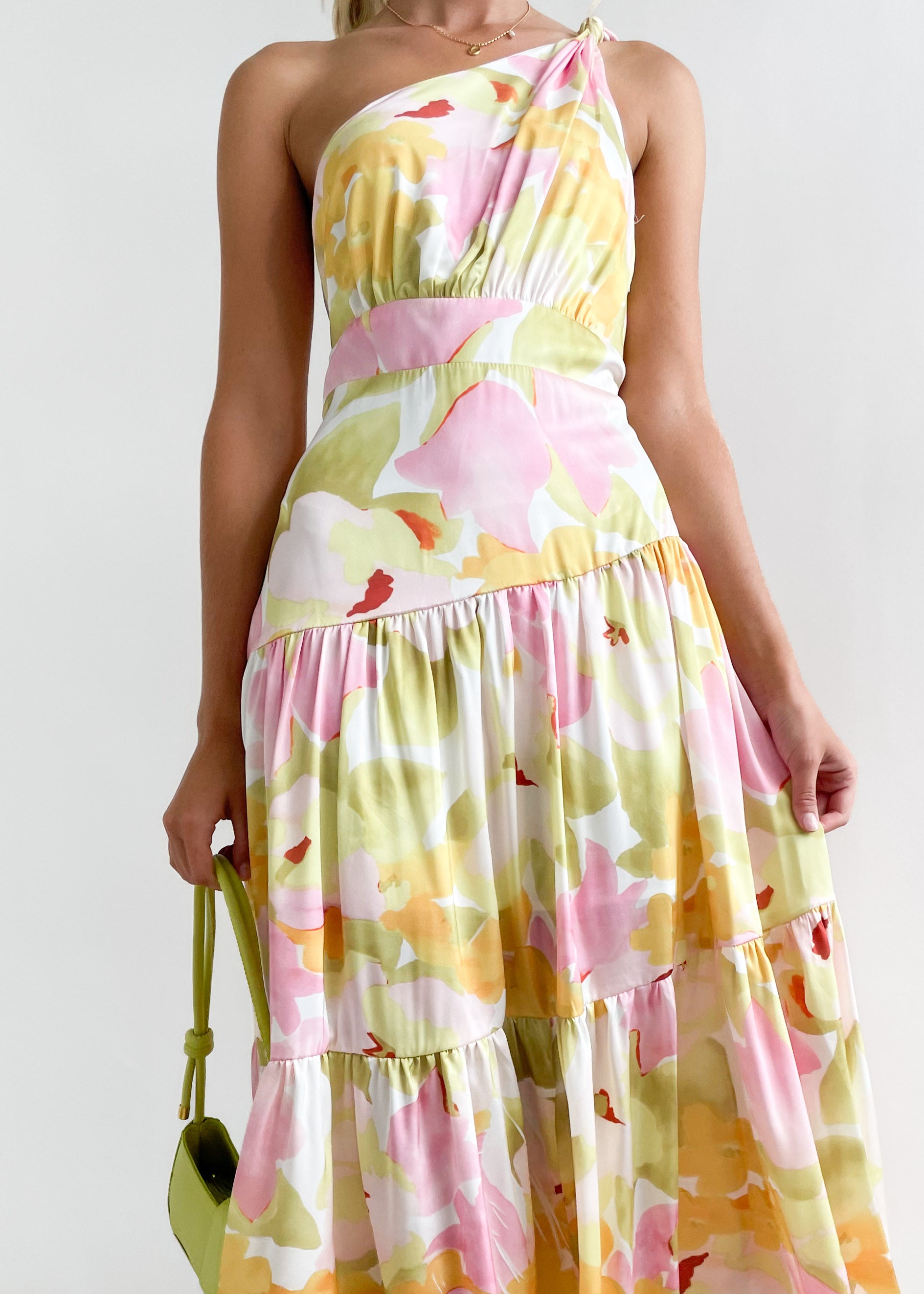 Rummi One Shoulder Midi Dress - Yellow Floral