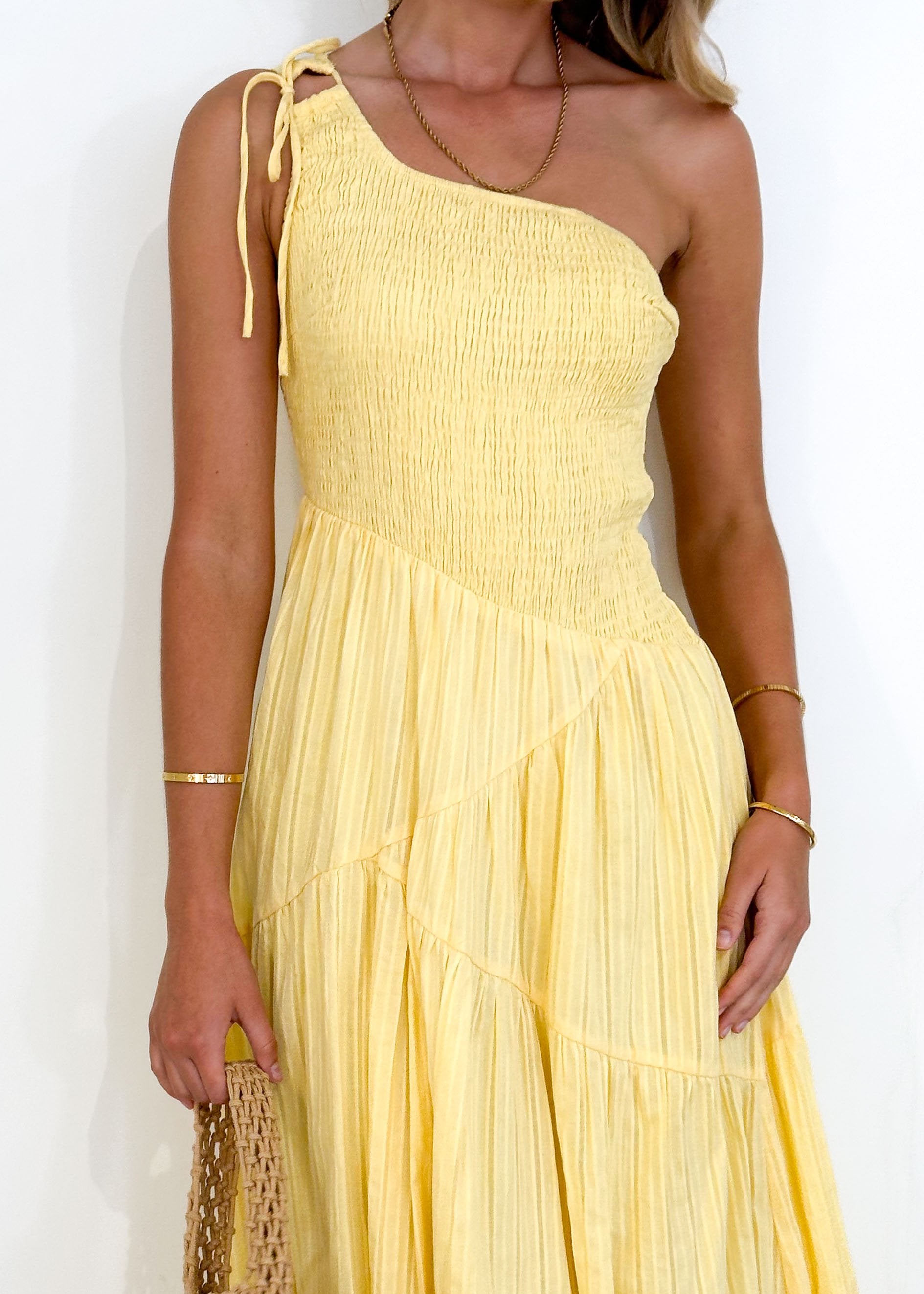 Setsa One Shoulder Midi Dress - Lemon