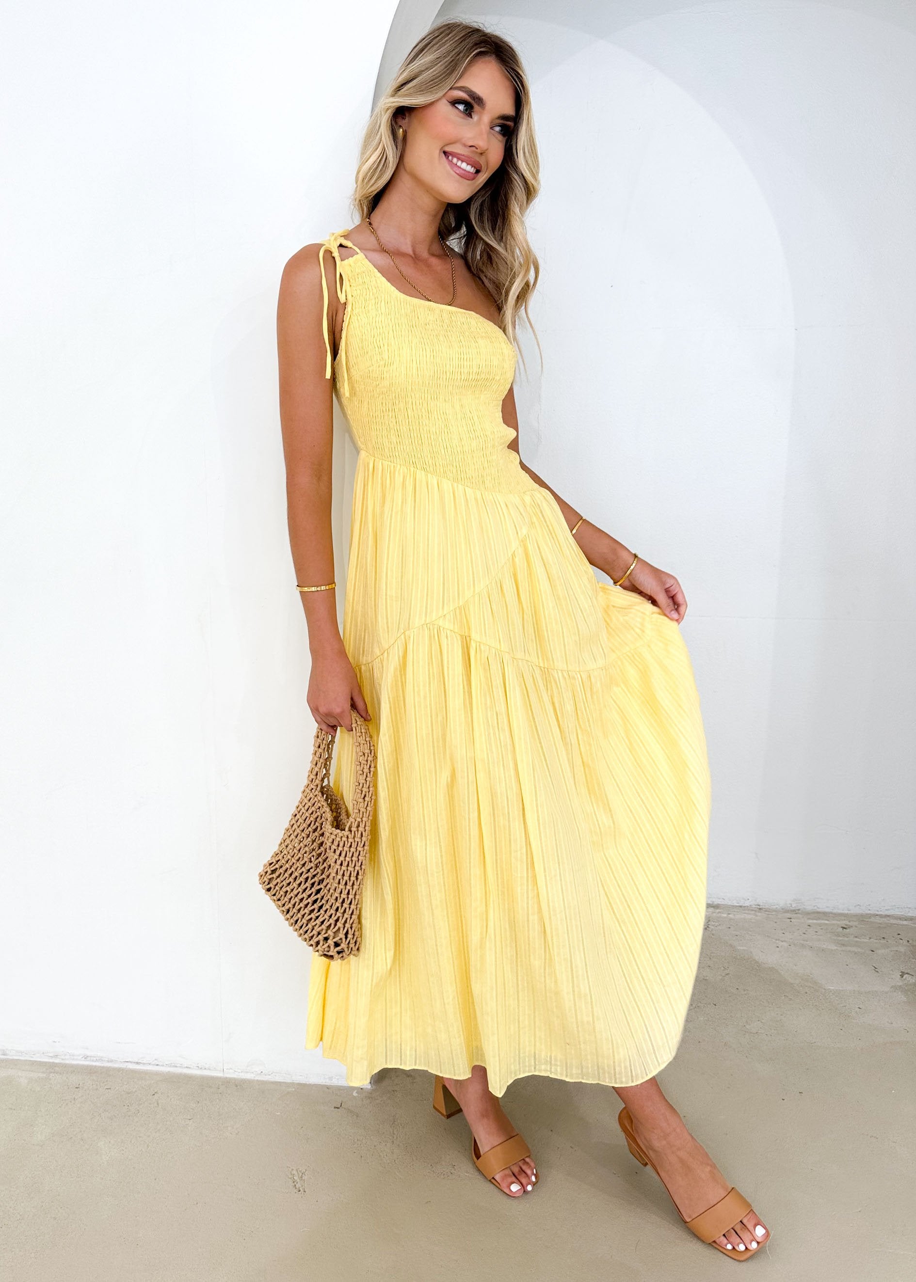 Setsa One Shoulder Midi Dress - Lemon