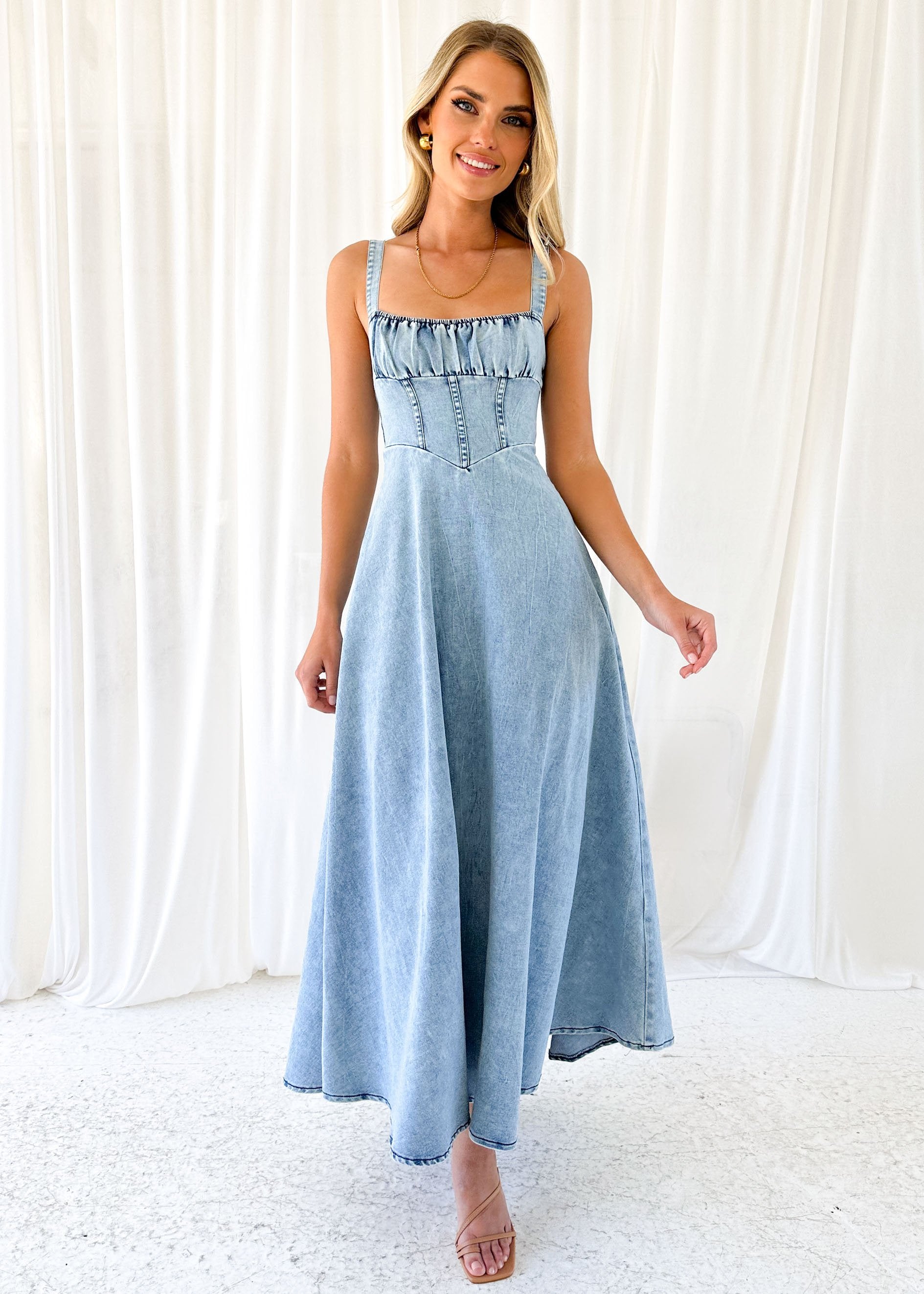 Lynda Stretch Denim Midi Dress - Washed Blue