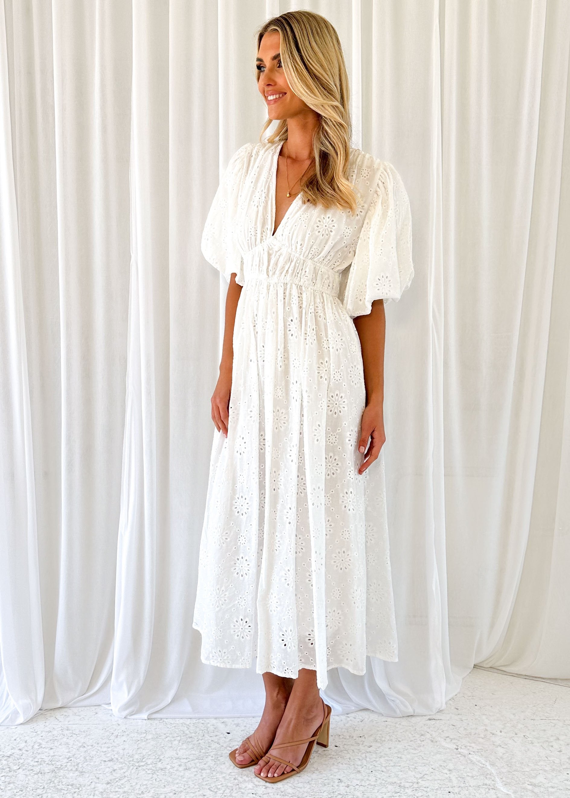 Leonida Midi Dress - White Anglaise