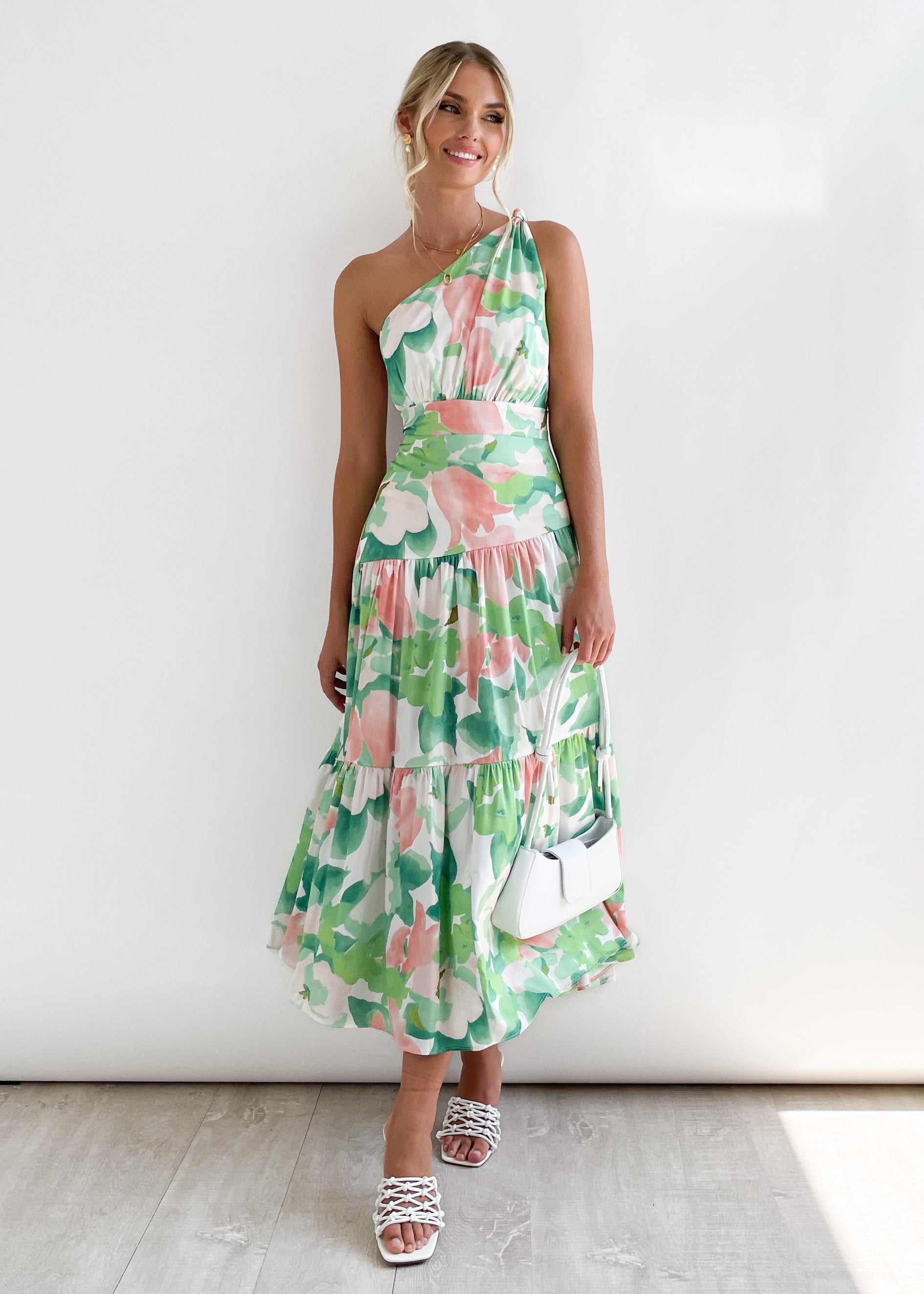 Rummi One Shoulder Midi Dress - Green Floral