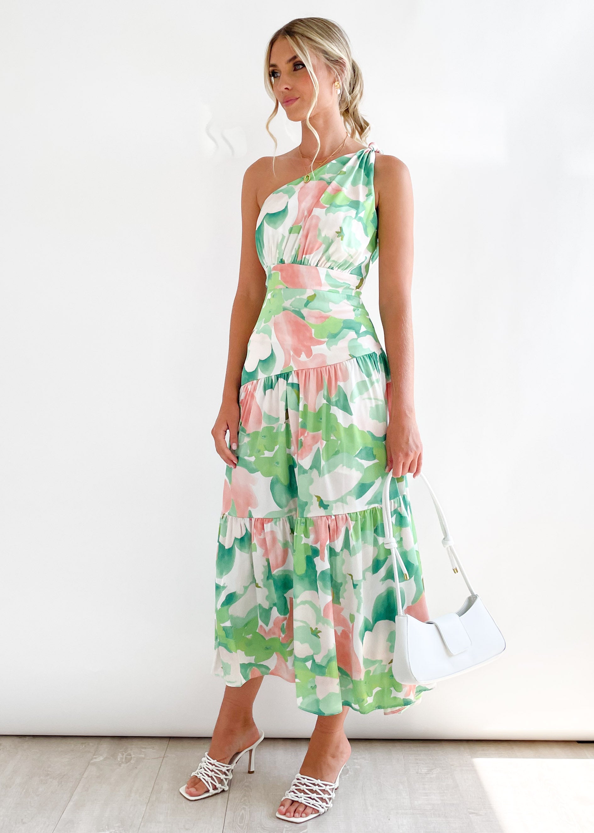 Rummi One Shoulder Midi Dress - Green Floral