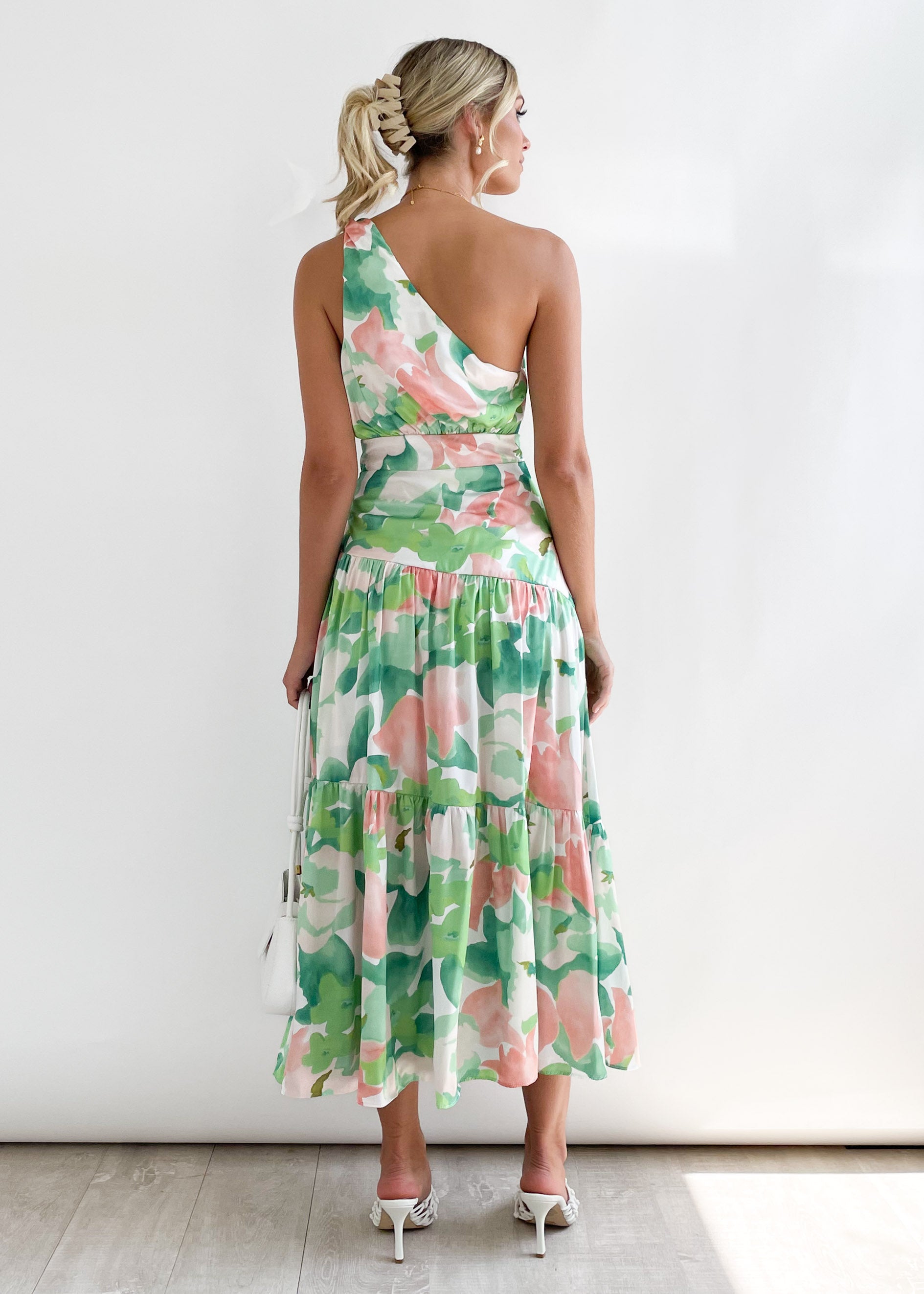 Rummi One Shoulder Midi Dress - Green Floral