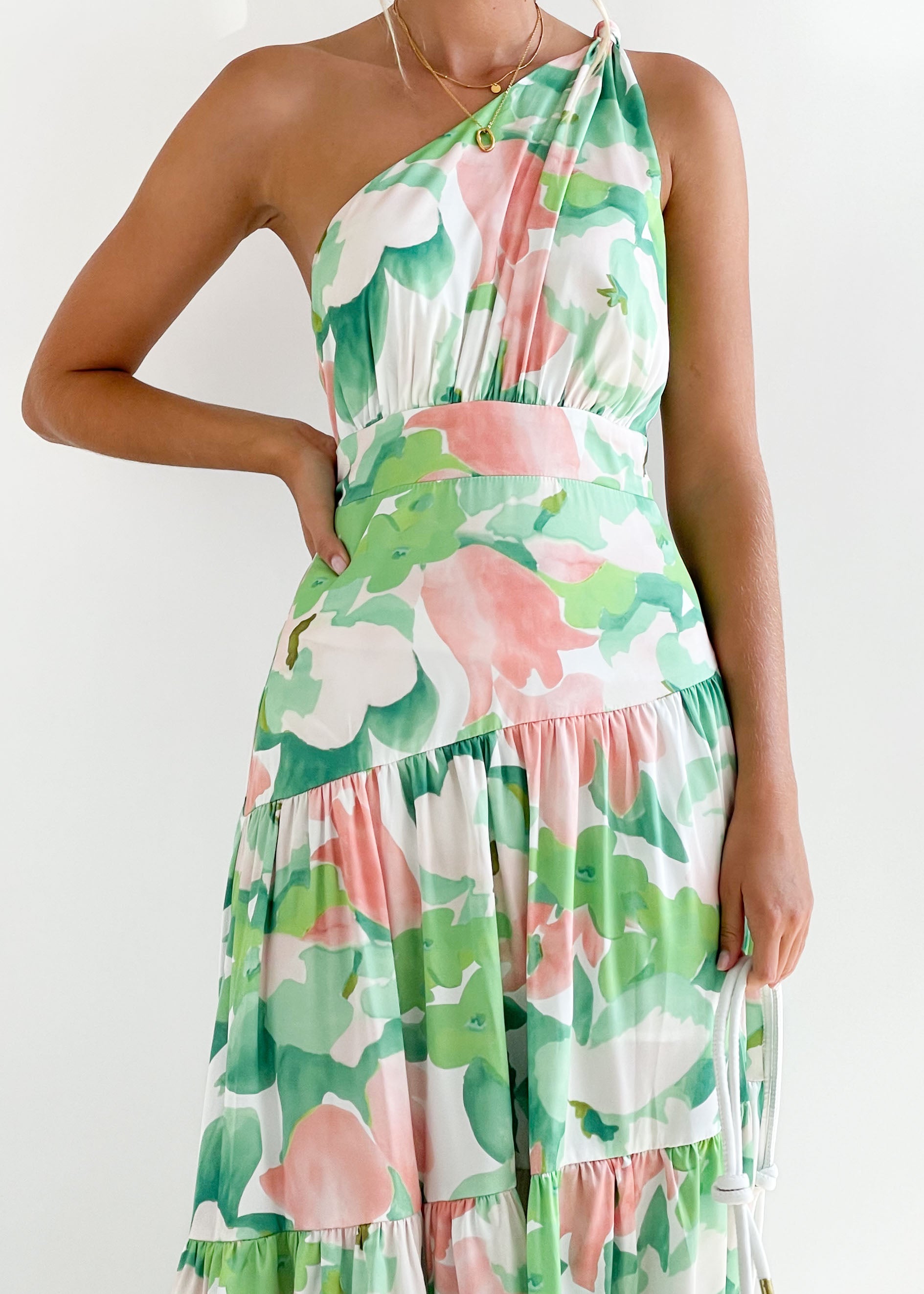 Rummi One Shoulder Midi Dress - Green Floral