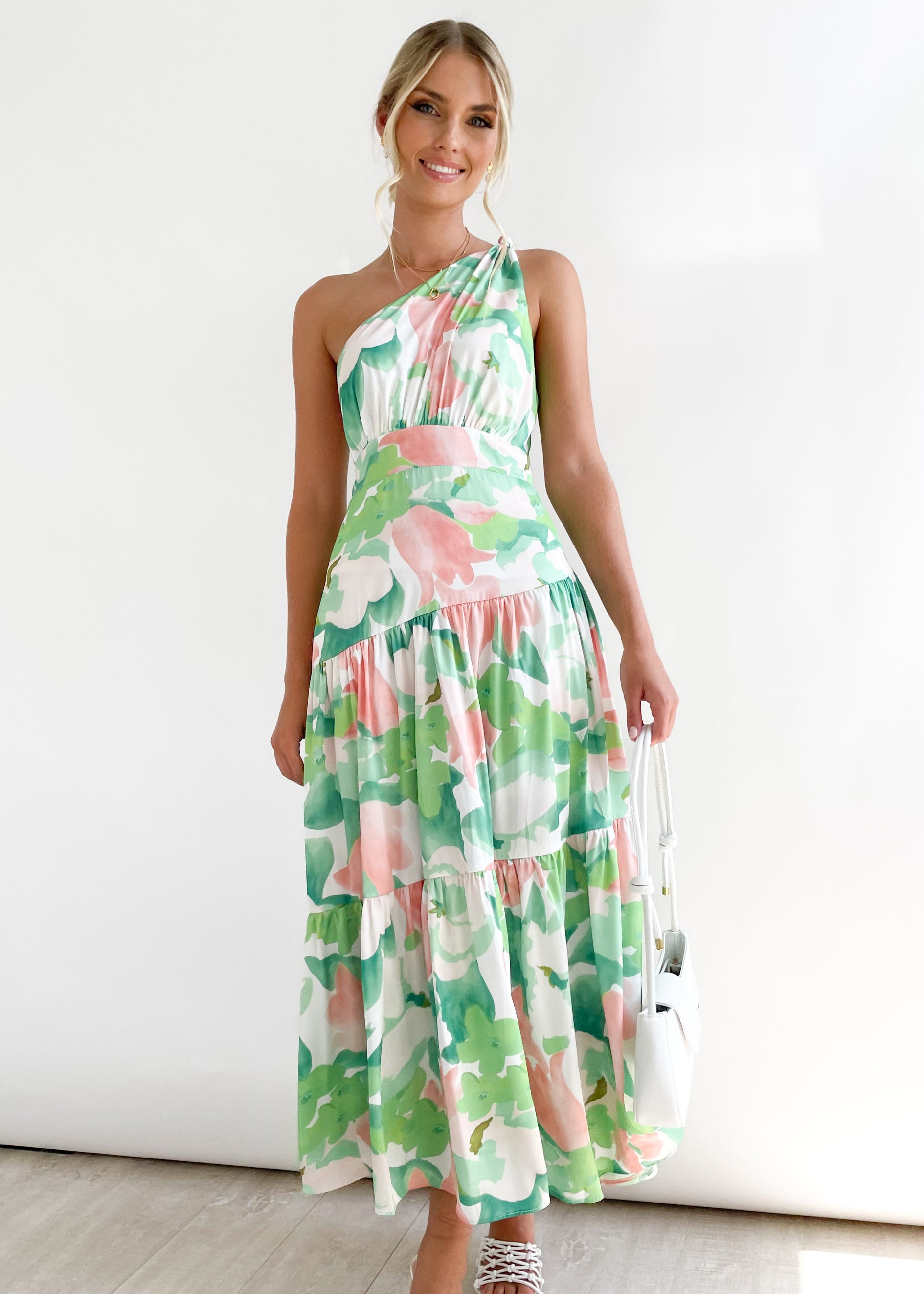 Rummi One Shoulder Midi Dress - Green Floral