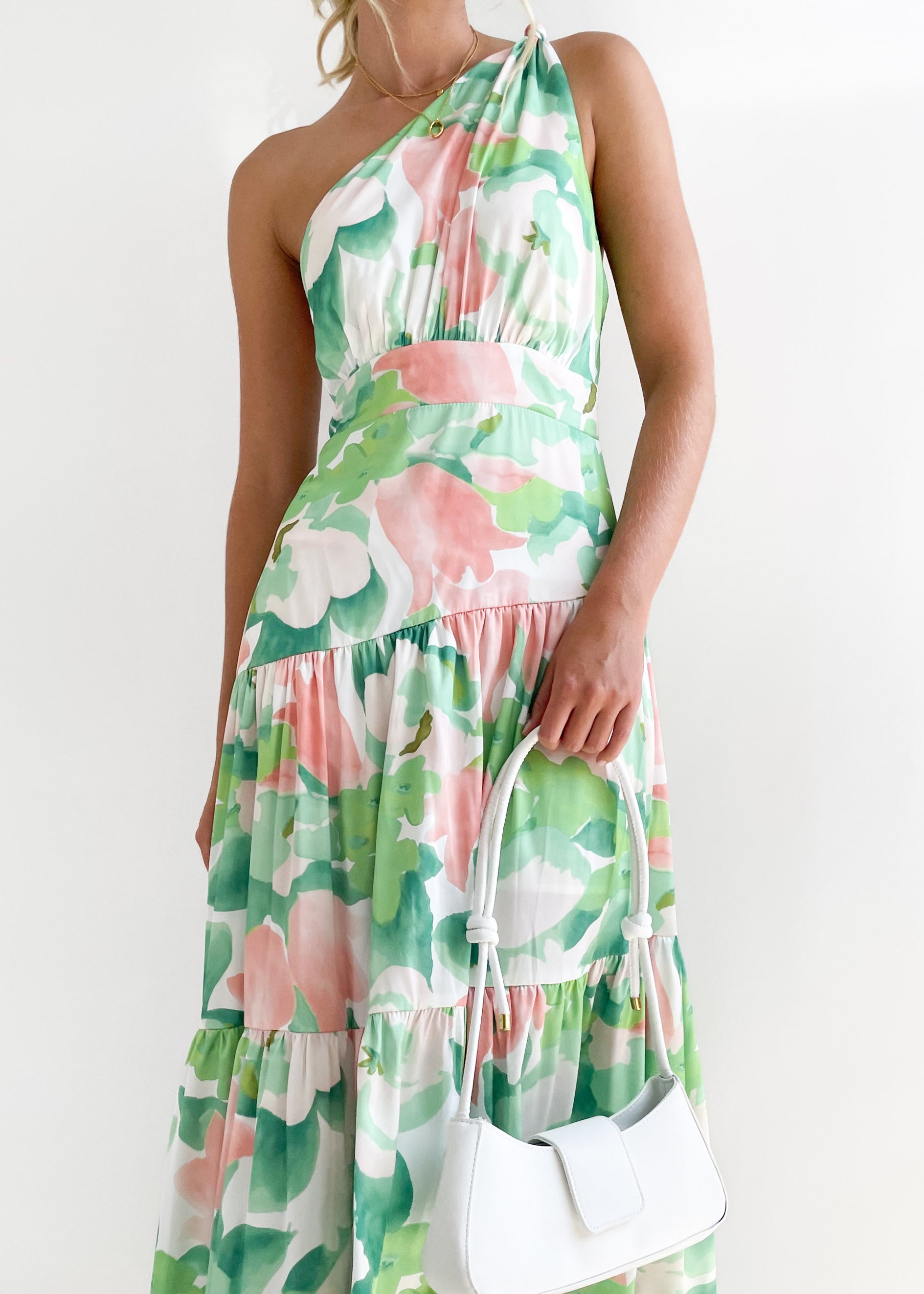 Rummi One Shoulder Midi Dress - Green Floral