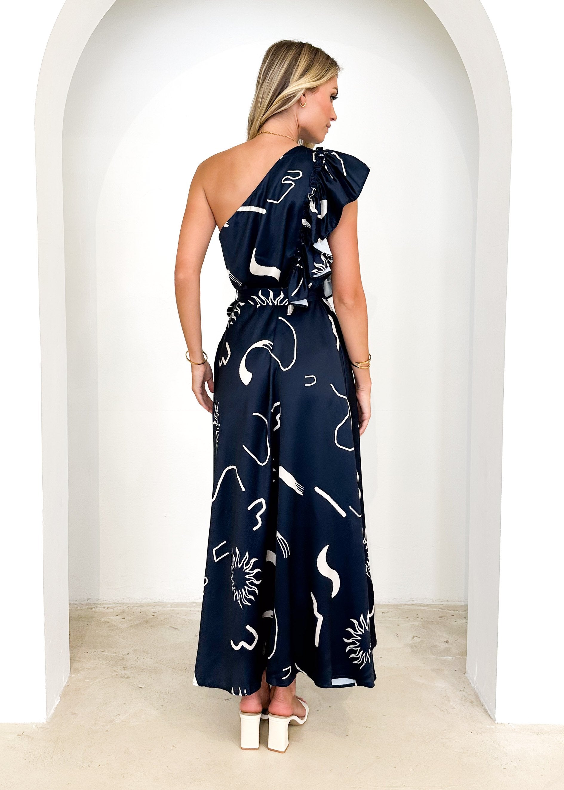 Rowler One Shoulder Midi Dress - Navy Abstract