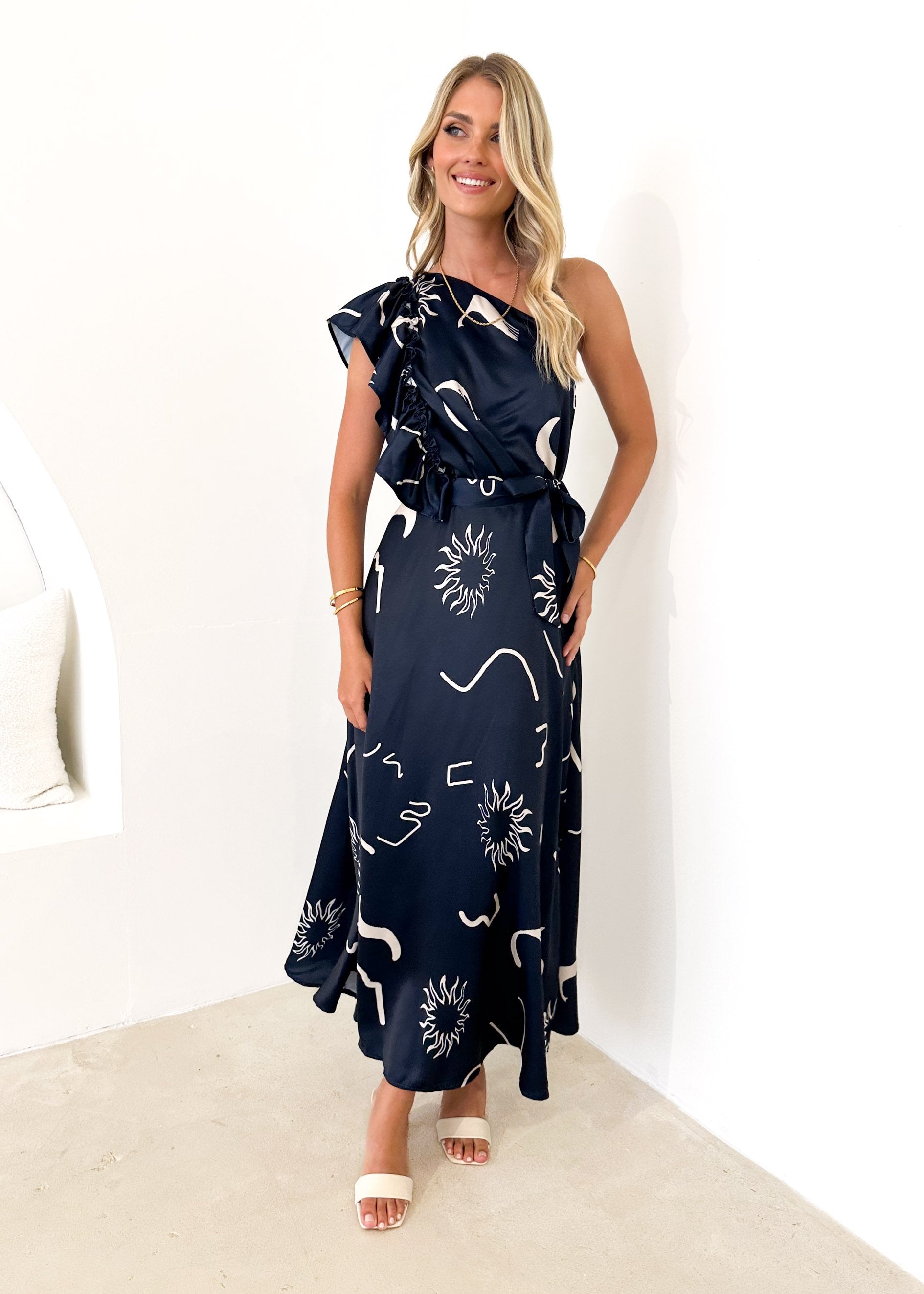 Rowler One Shoulder Midi Dress - Navy Abstract