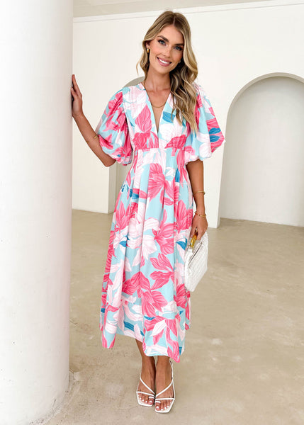 Madelaine Midi Dress - Aqua Floral