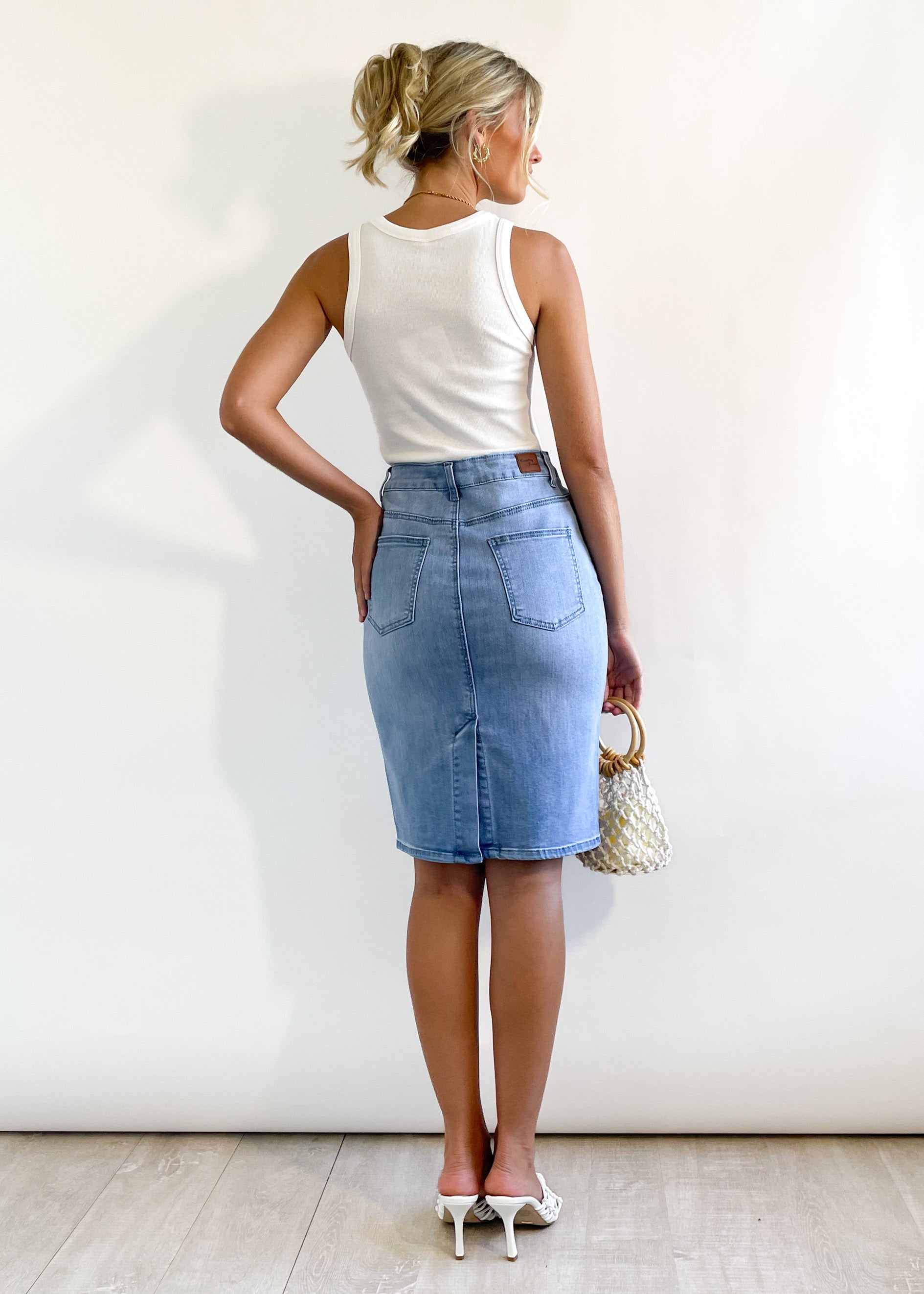 Mailey Stretch Denim Midi Skirt - Mid Blue