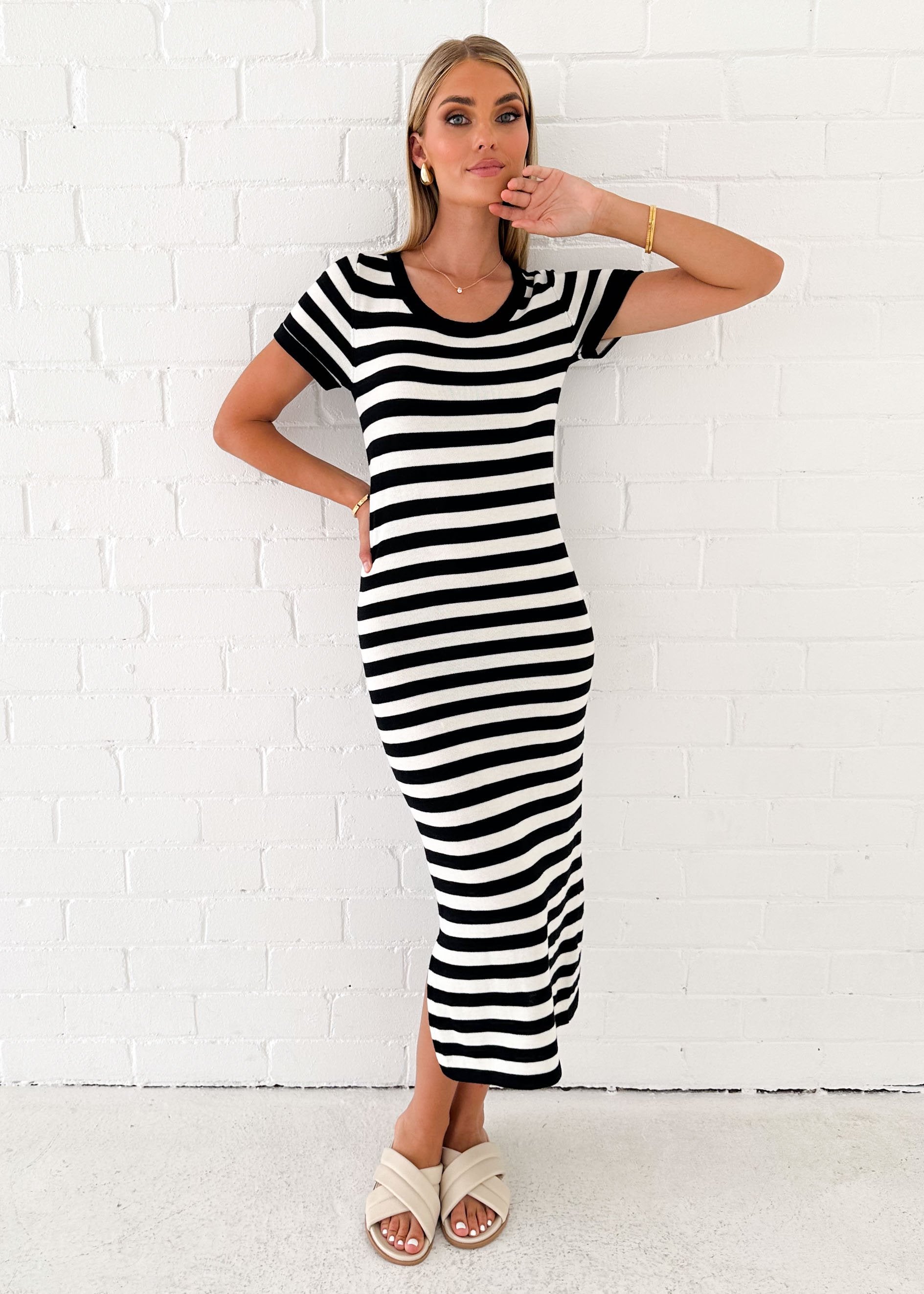Taleen Knit Midi Dress - Black Stripe