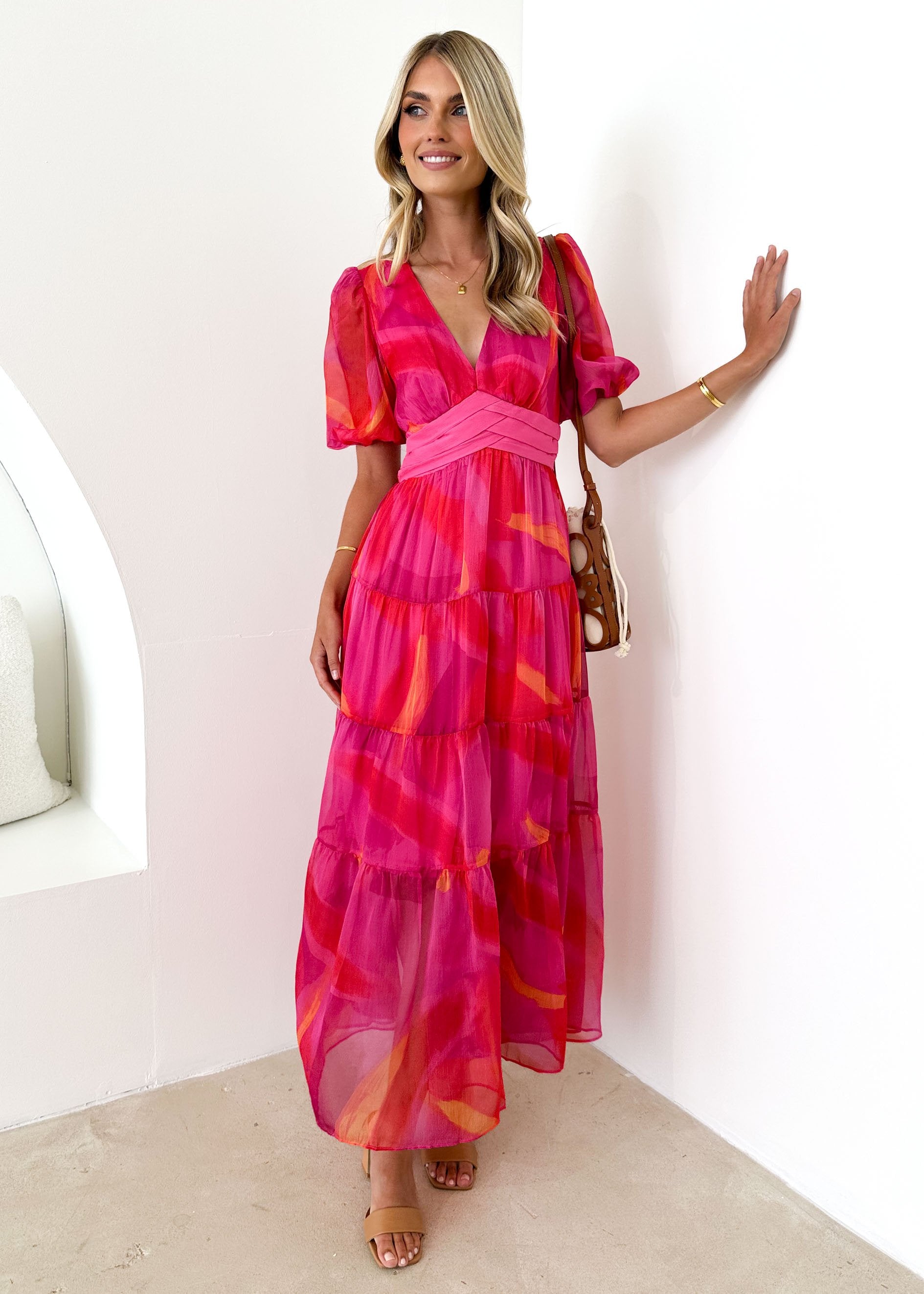 Drape Sleeve Maxi Dress in Hot Pink | VENUS