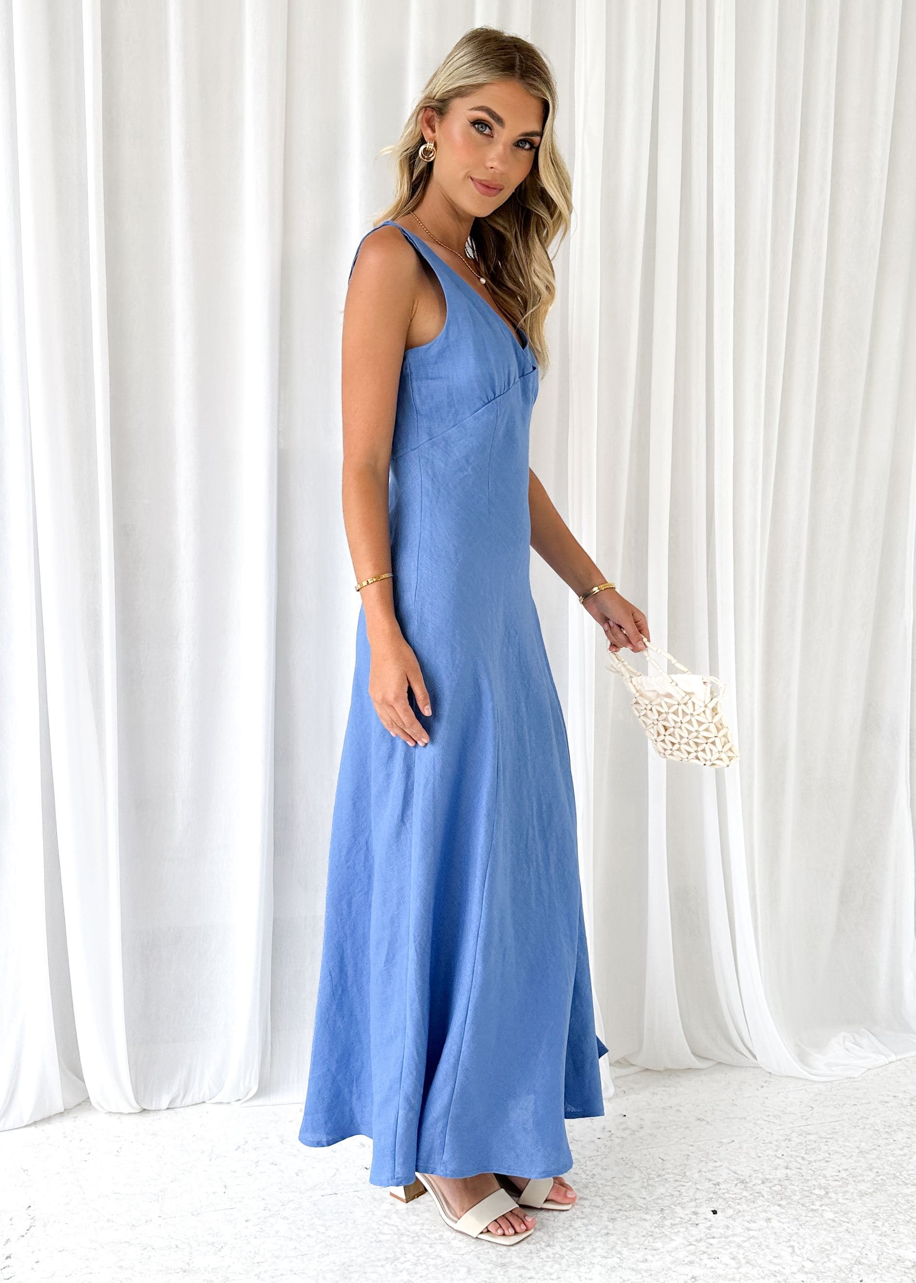 Nestie Linen Midi Dress - Cornflower Blue