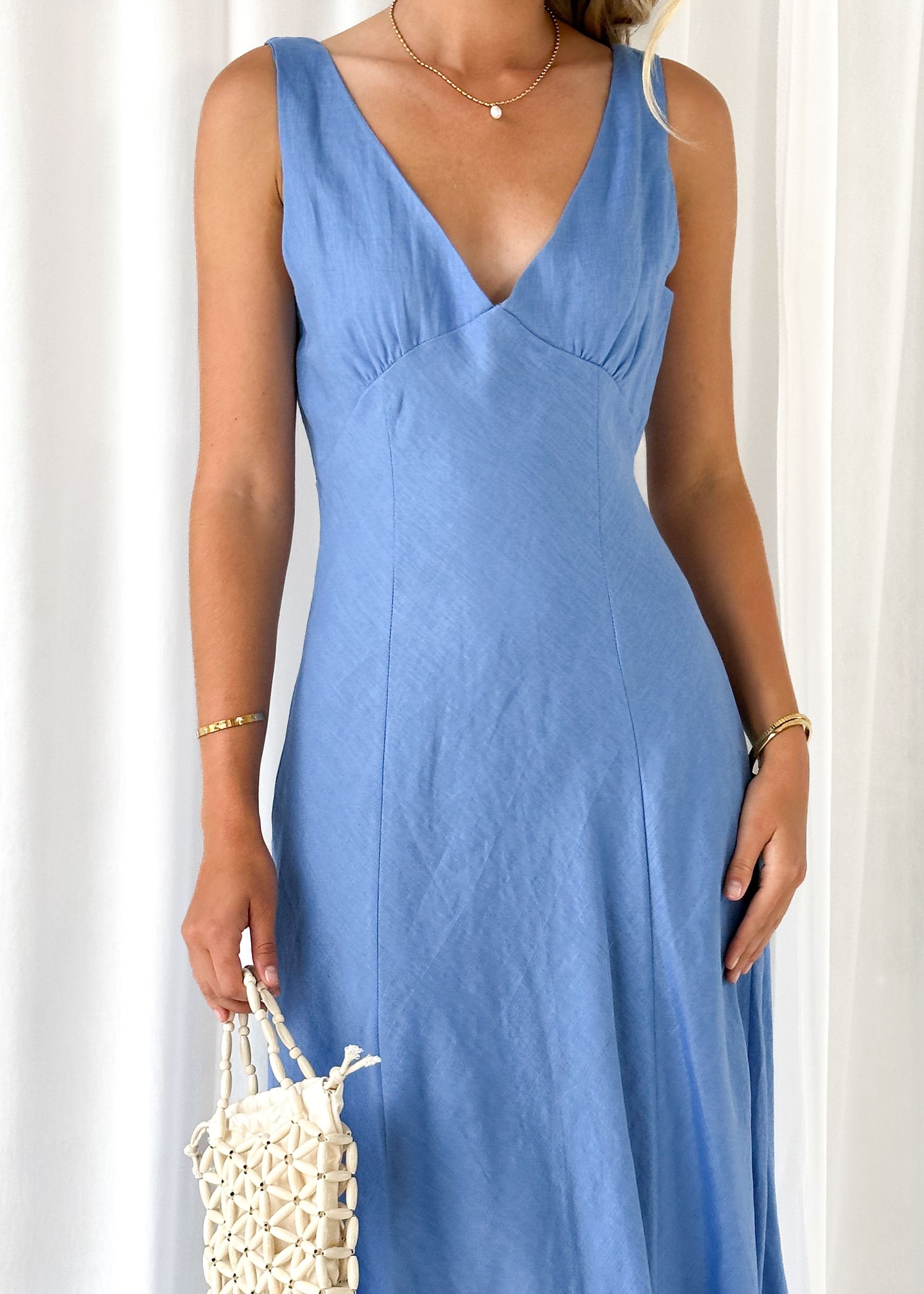 Nestie Linen Midi Dress - Cornflower Blue