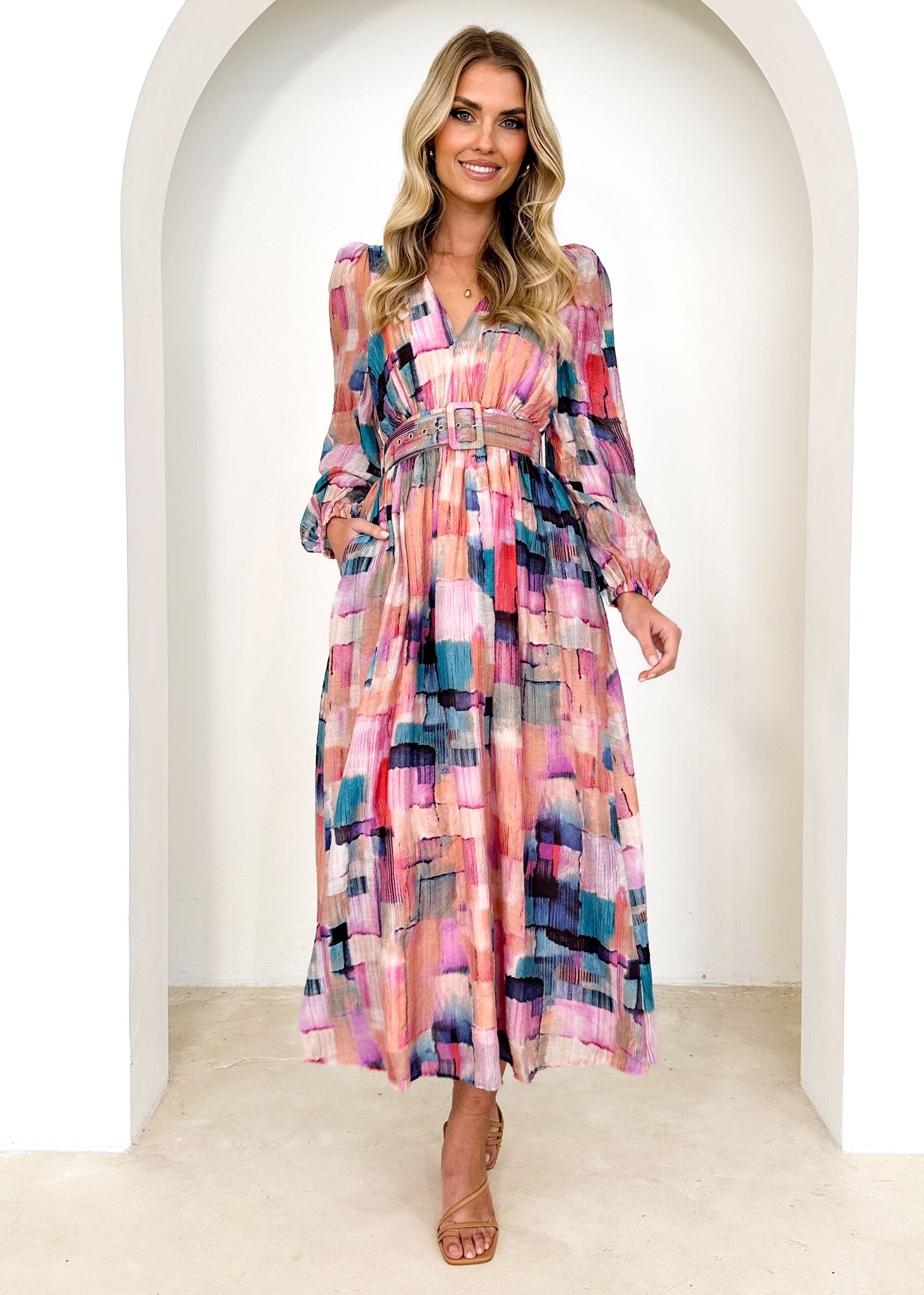 Absera Midi Dress - Pink Geo