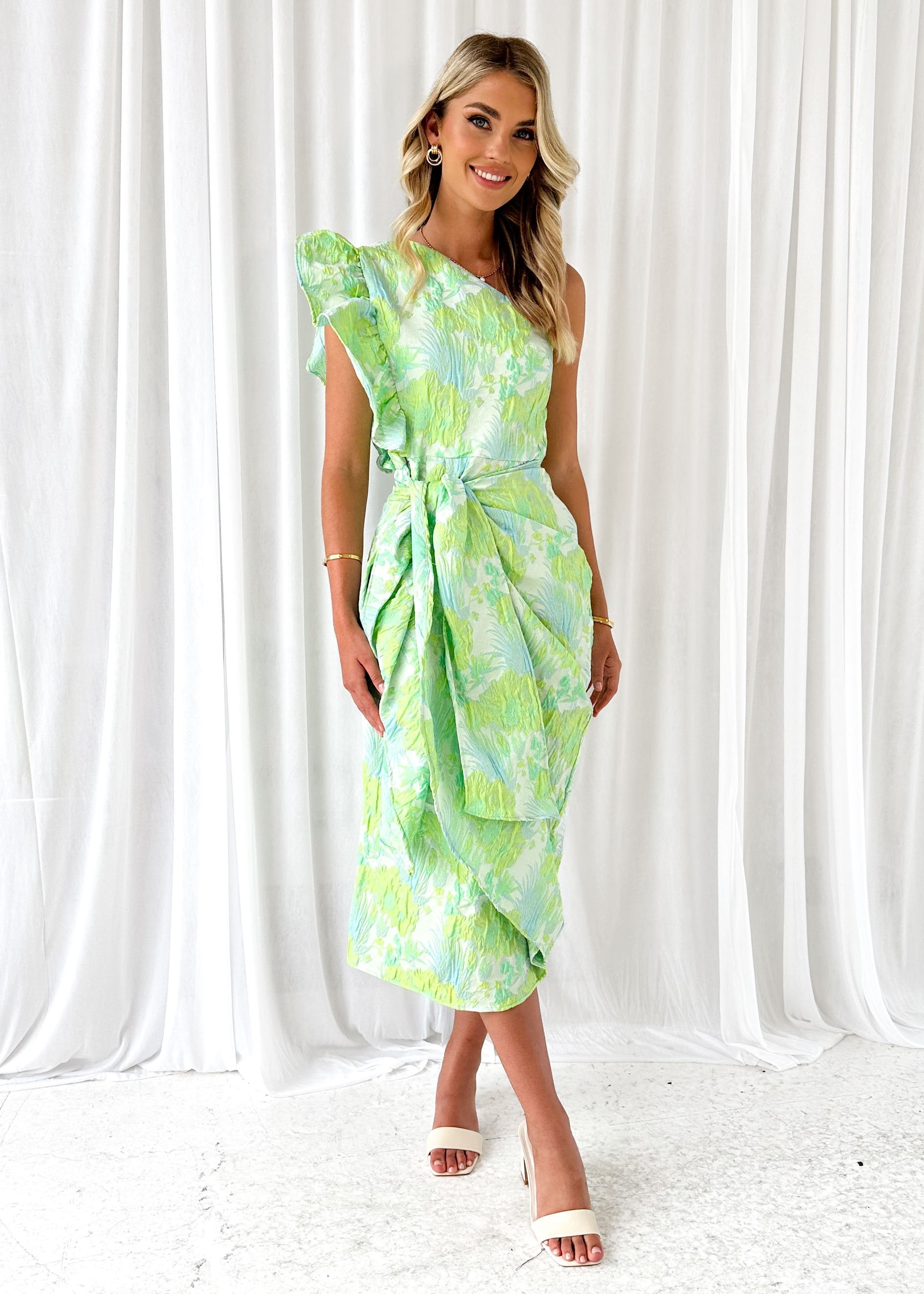 Lushie One Shoulder Midi Dress - Mint Jacquard