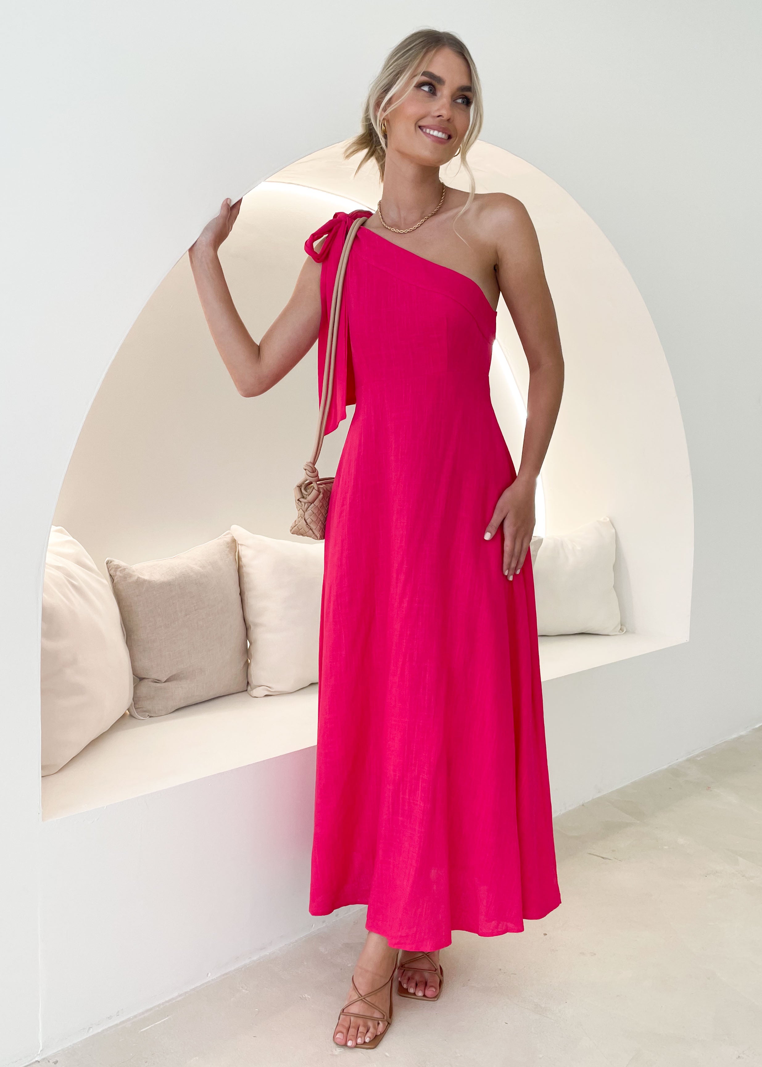 Nora One Shoulder Midi Dress - Hot Pink