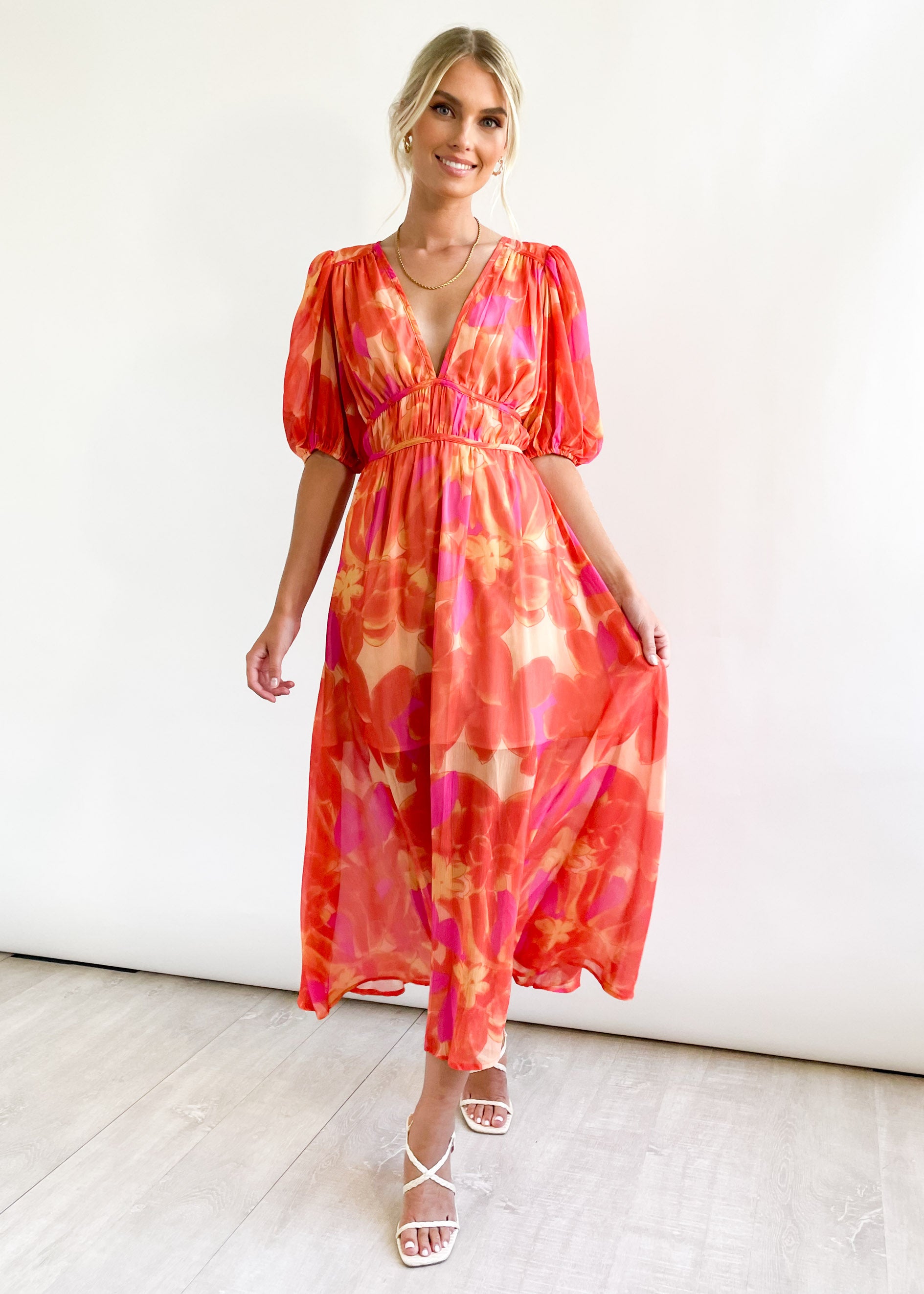 Zanette Midi Dress - Tangerine Floral