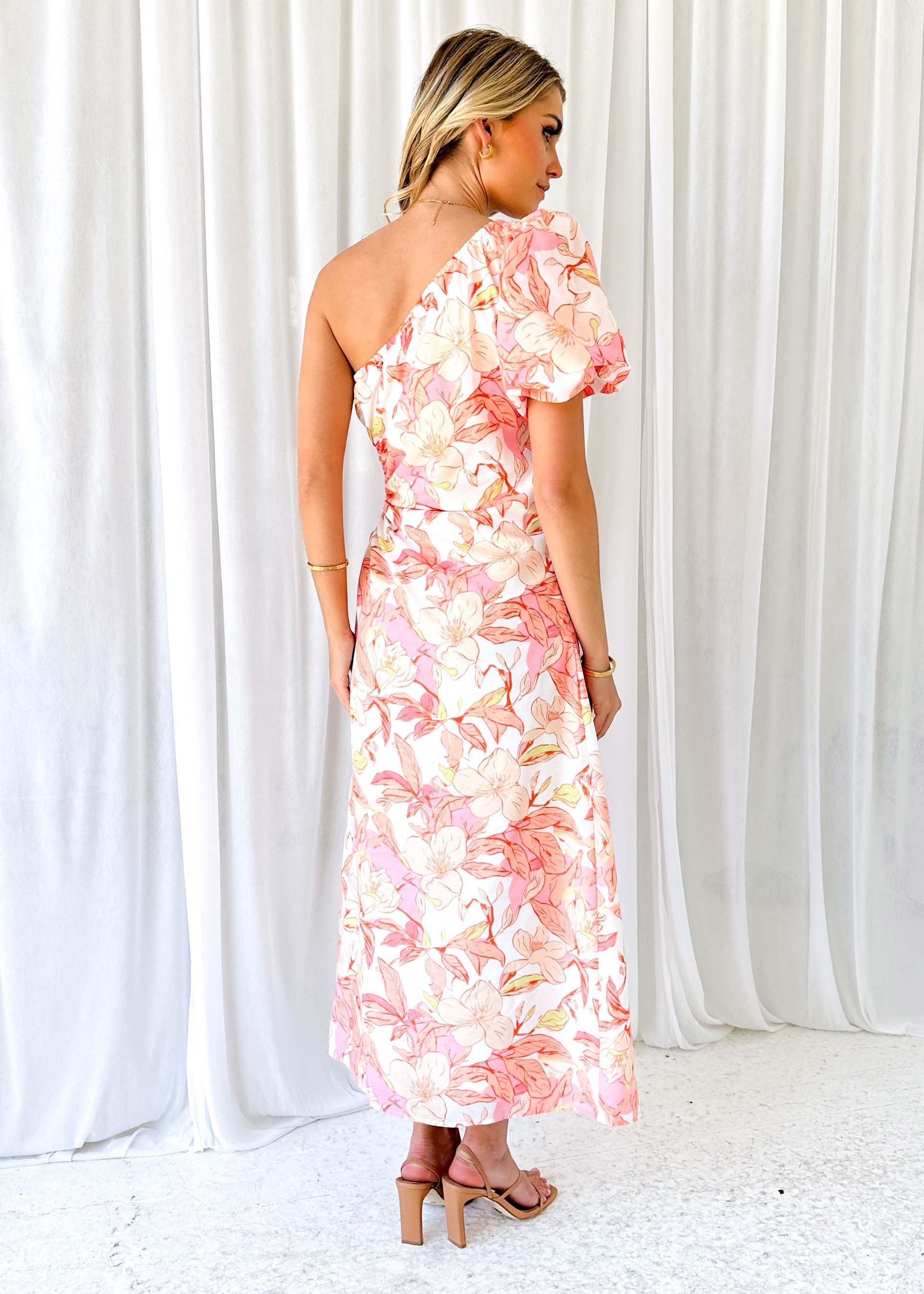 Zassie One Shoulder Midi Dress - Peach Floral