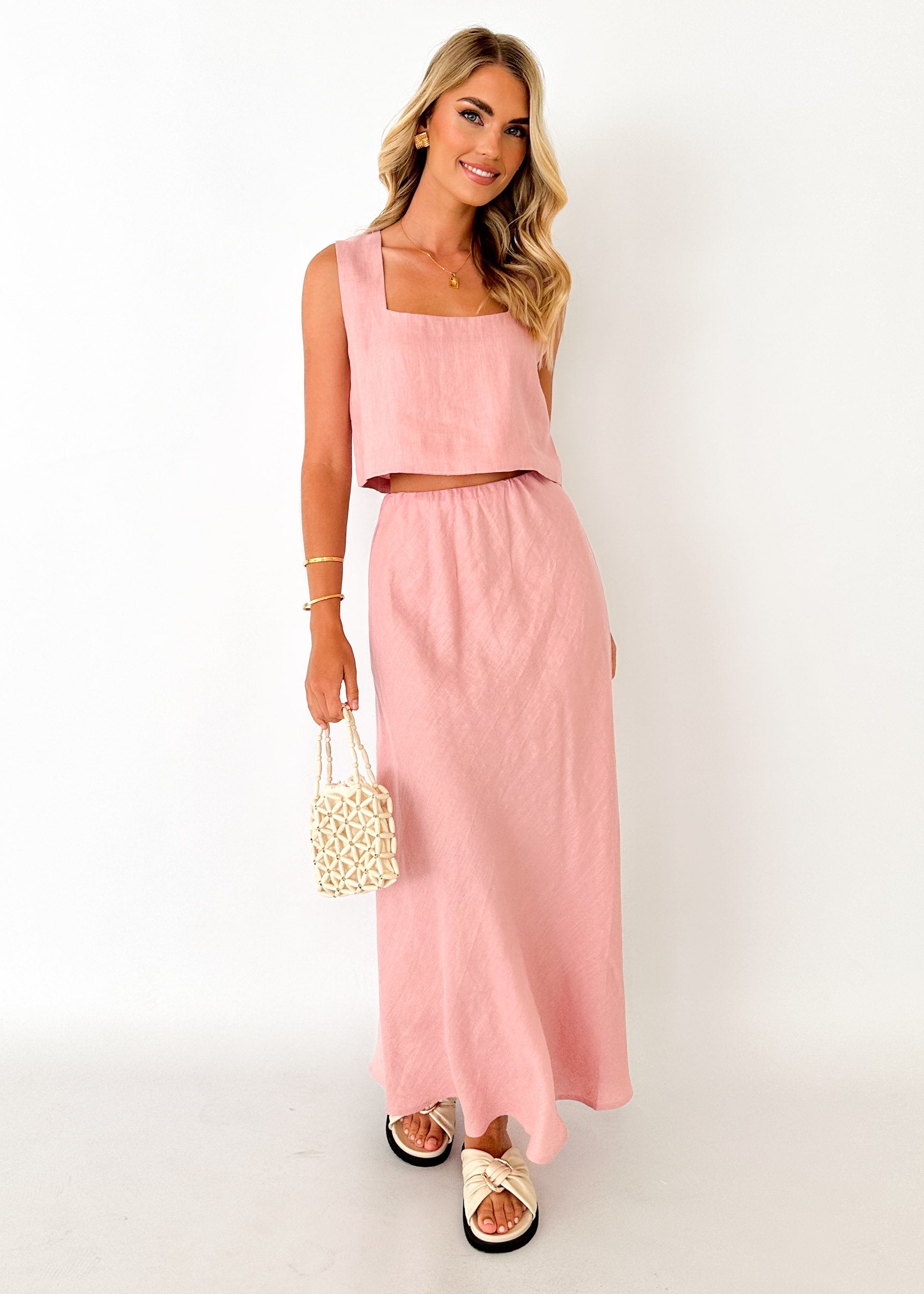 Pink linen midi clearance skirt